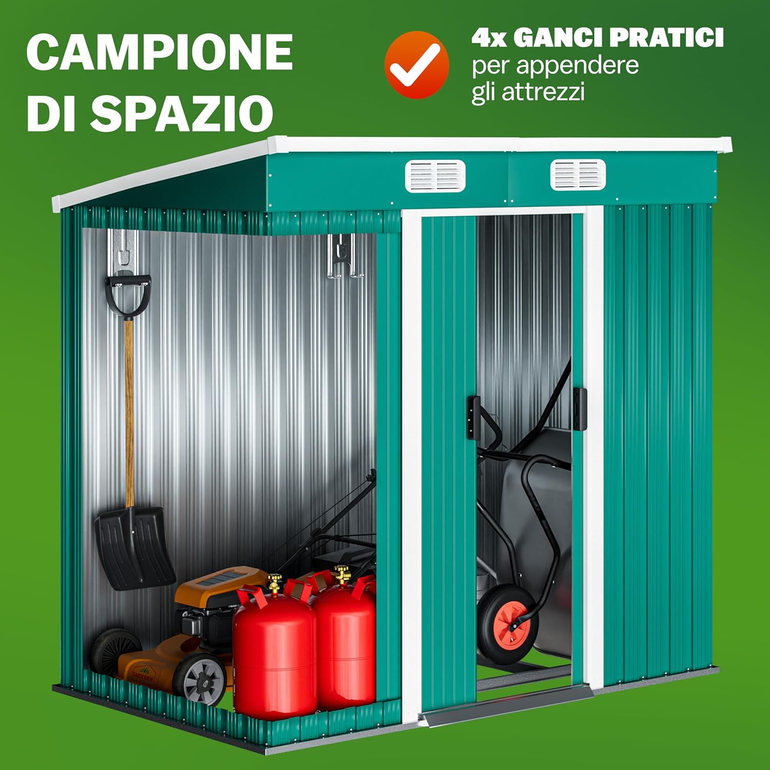 GARDEBRUK® Capanno da Giardino in Metallo 2m² con Fondamenta 200x125x180cm Porta Scorrevole Casetta per Attrezzi verde Capanna da Esterno 4m³
