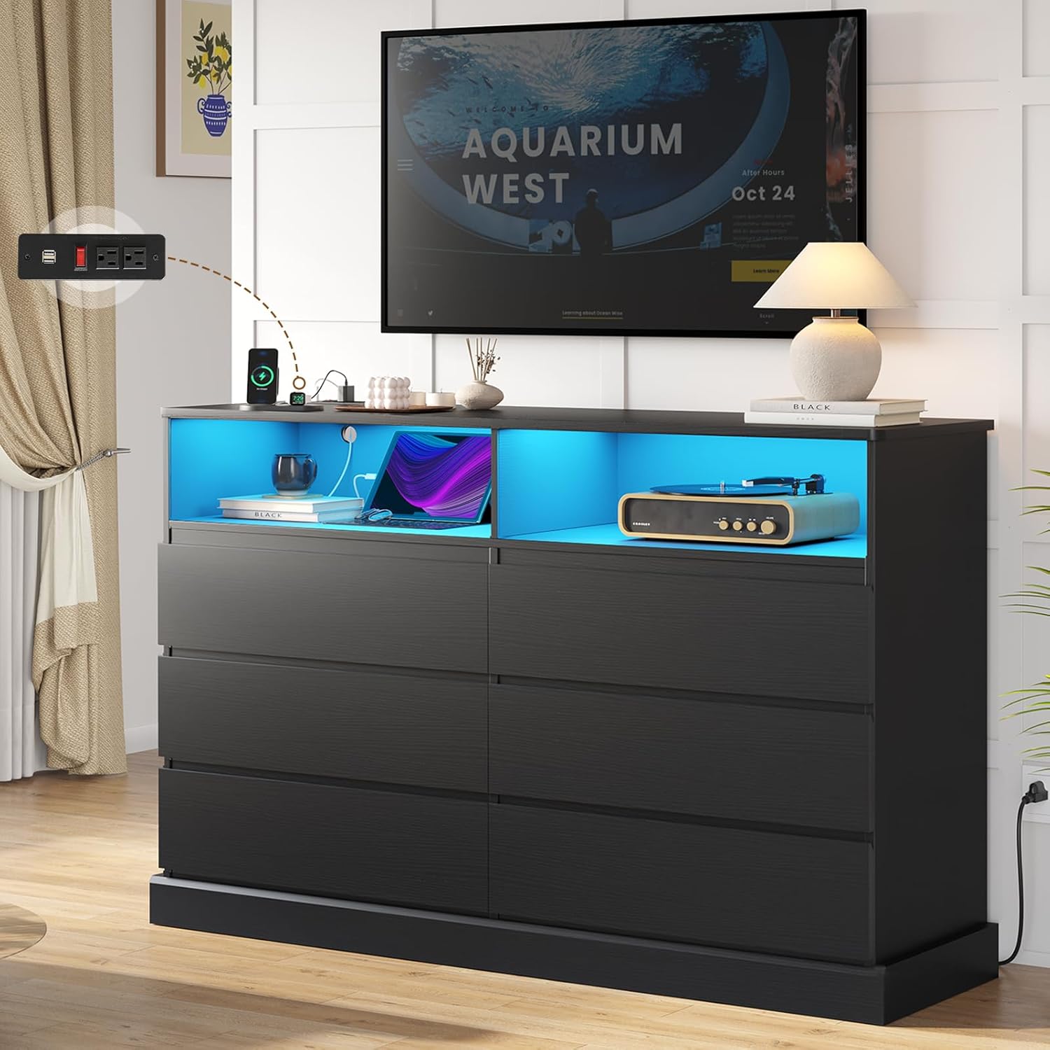 Hasuit Black Dresser for Bedroom with LED Lights and Charging Station, 51.2