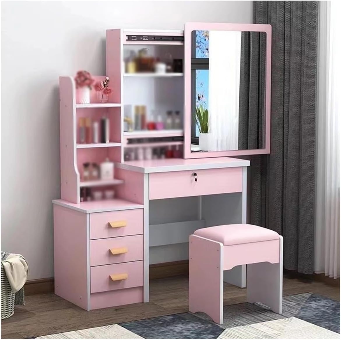 Set da trucco con illuminazione a LED, per camera da letto, 4 cassetti, con sgabello bianco, rosa, per ragazze e donne, regalo perfetto per gli amanti della bellezza