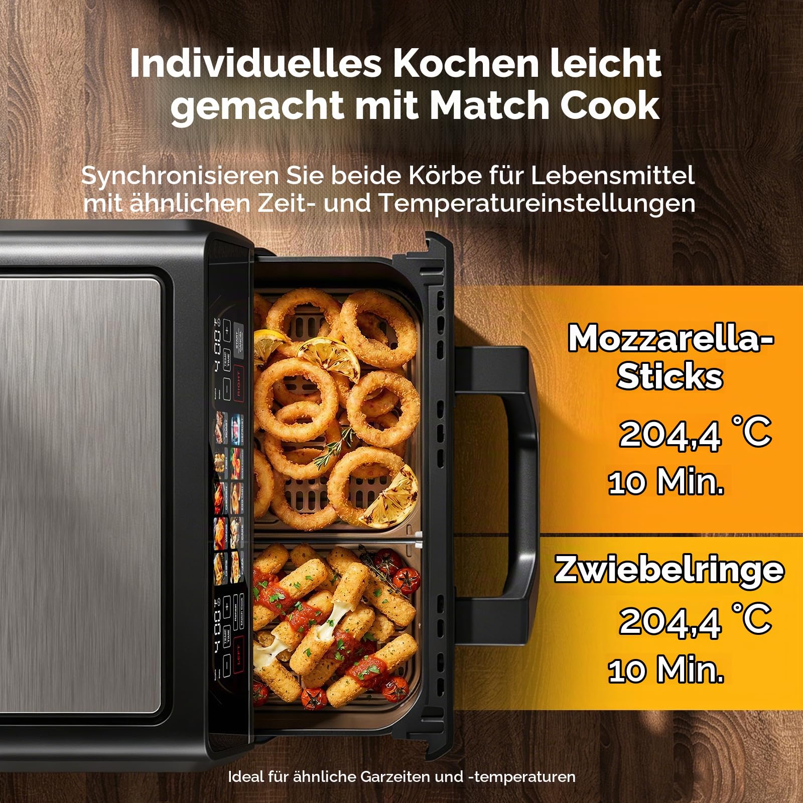 10-in-1 Heißluftfritteuse 10 L mit Dual-Zone, 2500 W, 360° Kochfenster, Farb-Touchscreen, spülmaschinenfeste Teile