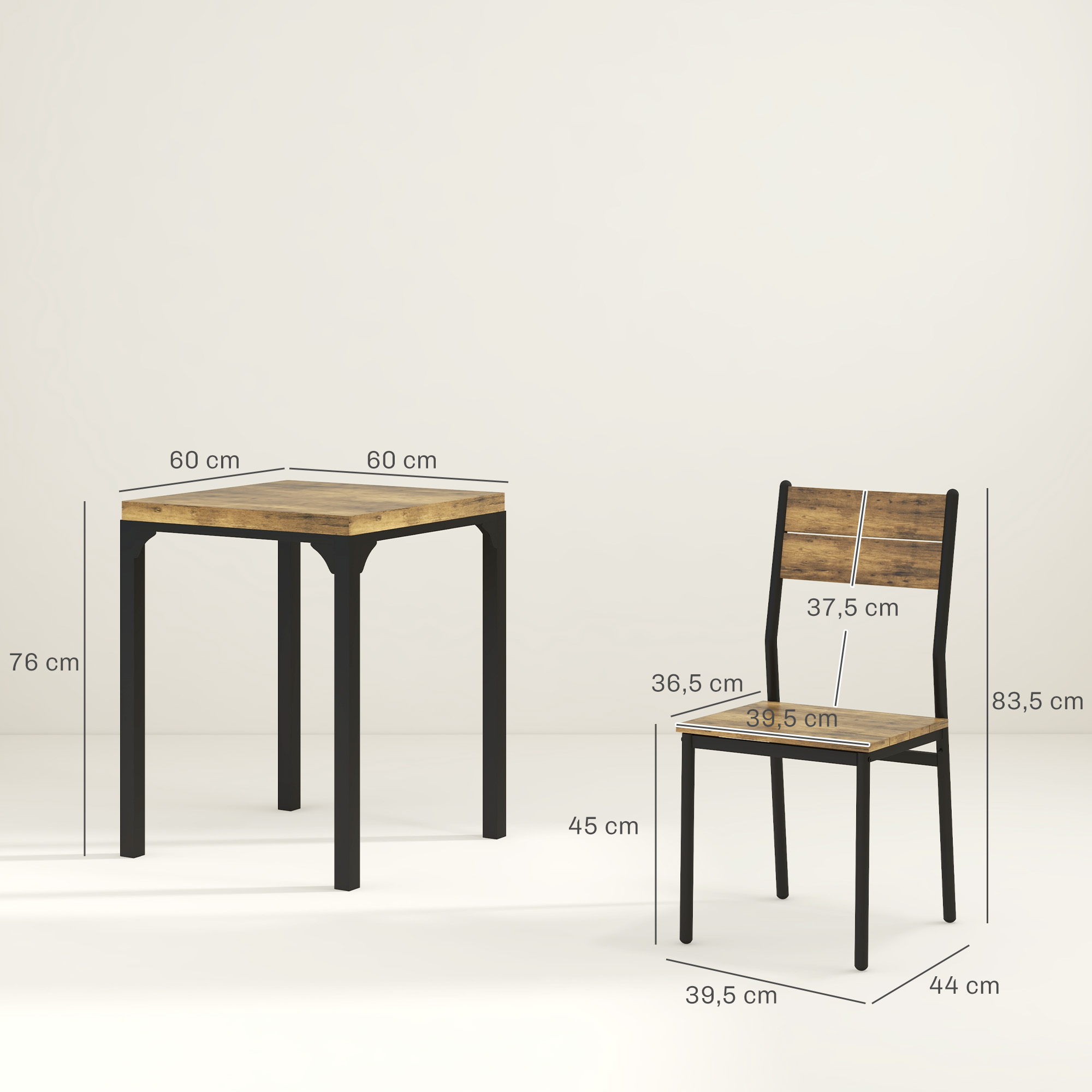 3-delige Eethoek, Esstafel-Set, 1 Tafel, 2 Stoelen, MDF+Metaal, Bruin