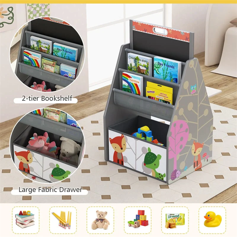 3-in-1 Kids Art Easel with Chair, Wooden Toddler Easel Table & Chair Set w/ Double-Sided Magnetic Whiteboard & Chalkboard, Bookshelf, Storage