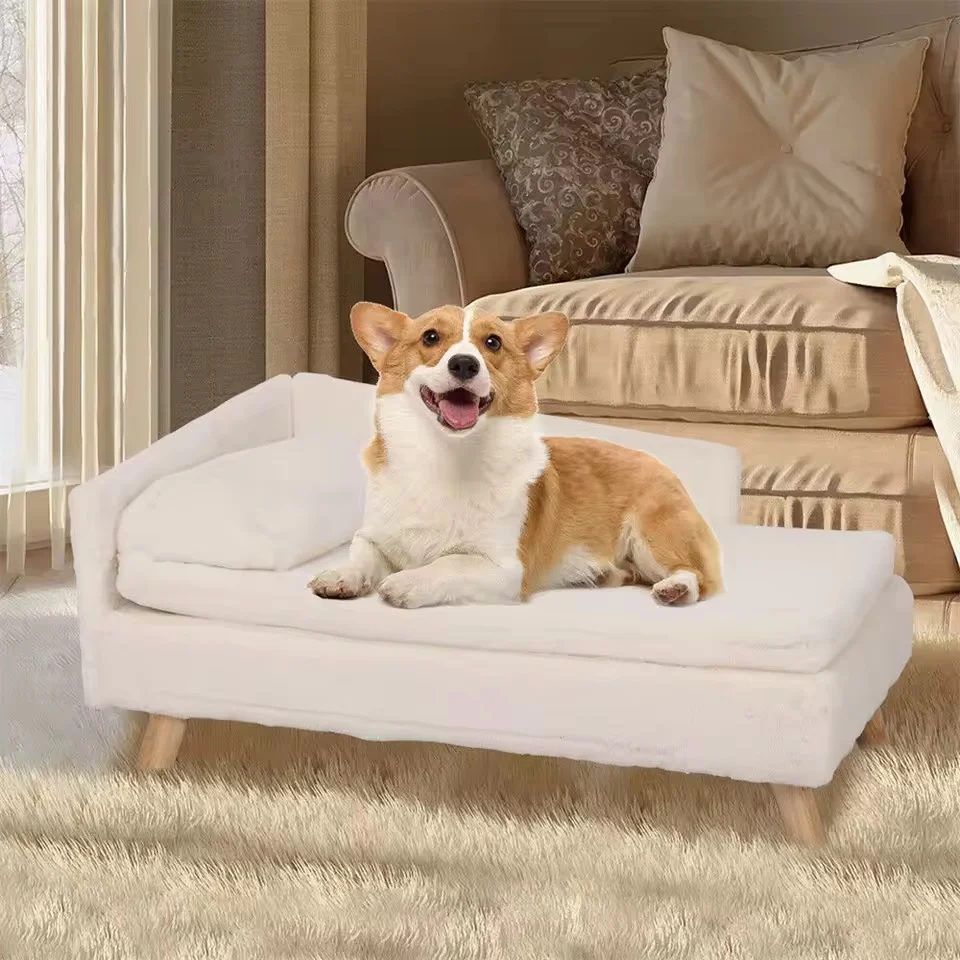Elevated Pet Sofa Bed �C L-Shape Chaise with Cushion, Pillow & Rubber Wood Legs