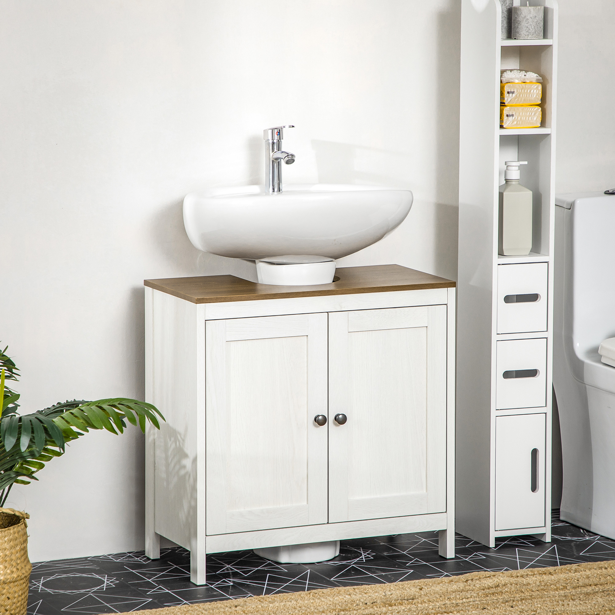 kleankin Unterschrank für Waschbecken Badezimmermöbel 2 Türen mit Regal 60 x 30 x 60 cm Weiß und Holzoptik