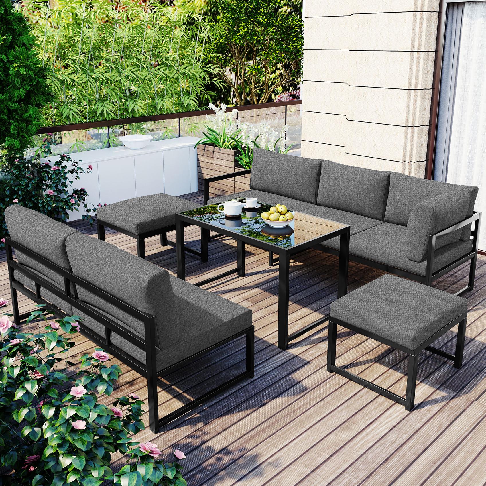 5-teiliges Gartenmöbel-Set, Sitzgruppe mit verstellbarer Rückenlehne, Schwarz+Grau