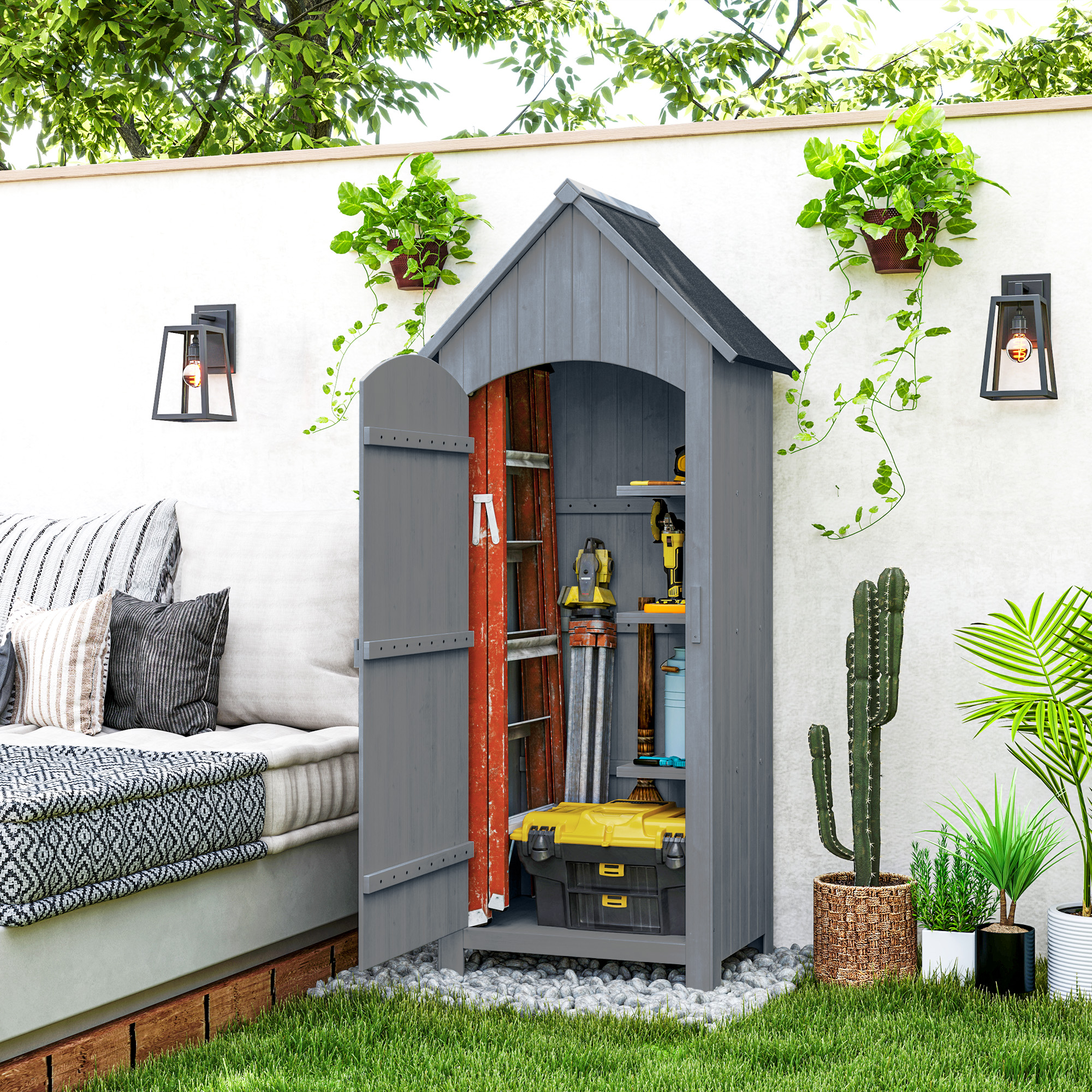 Outsunny Gartenschrank Holz  Gerätehaus Gartenhaus Geräteschuppen Geräteschrank Holzhütte Giebeldach Bitumenpappe Grau 77,5 x 54,2 x 179,5 cm