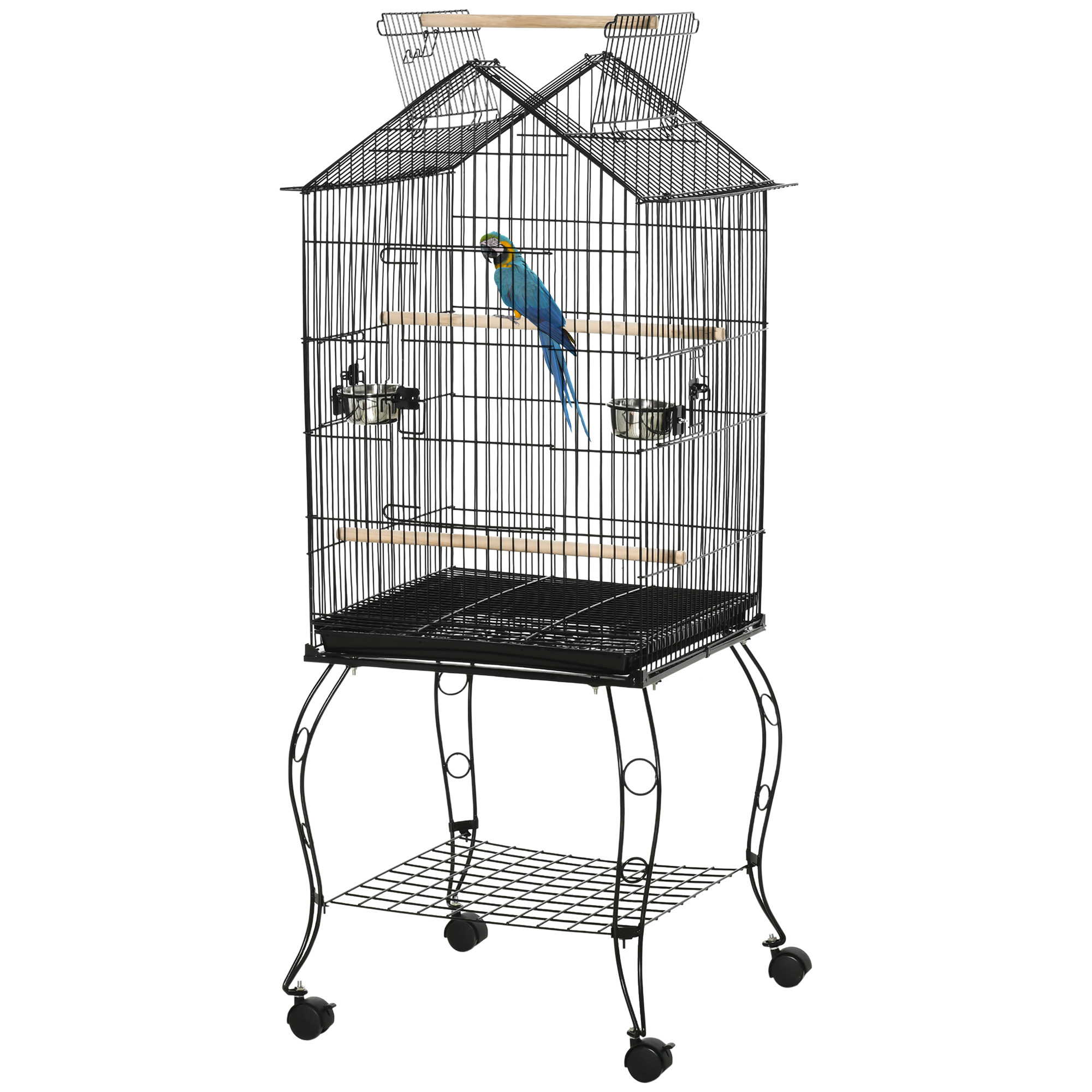 PawHut Vogelkäfig auf Ständer mit 2 Futternäpfen Sitzstangen herausnehmbarer Schale Griff und Rollen 50 x 58 x 137/145 cm schwarz
