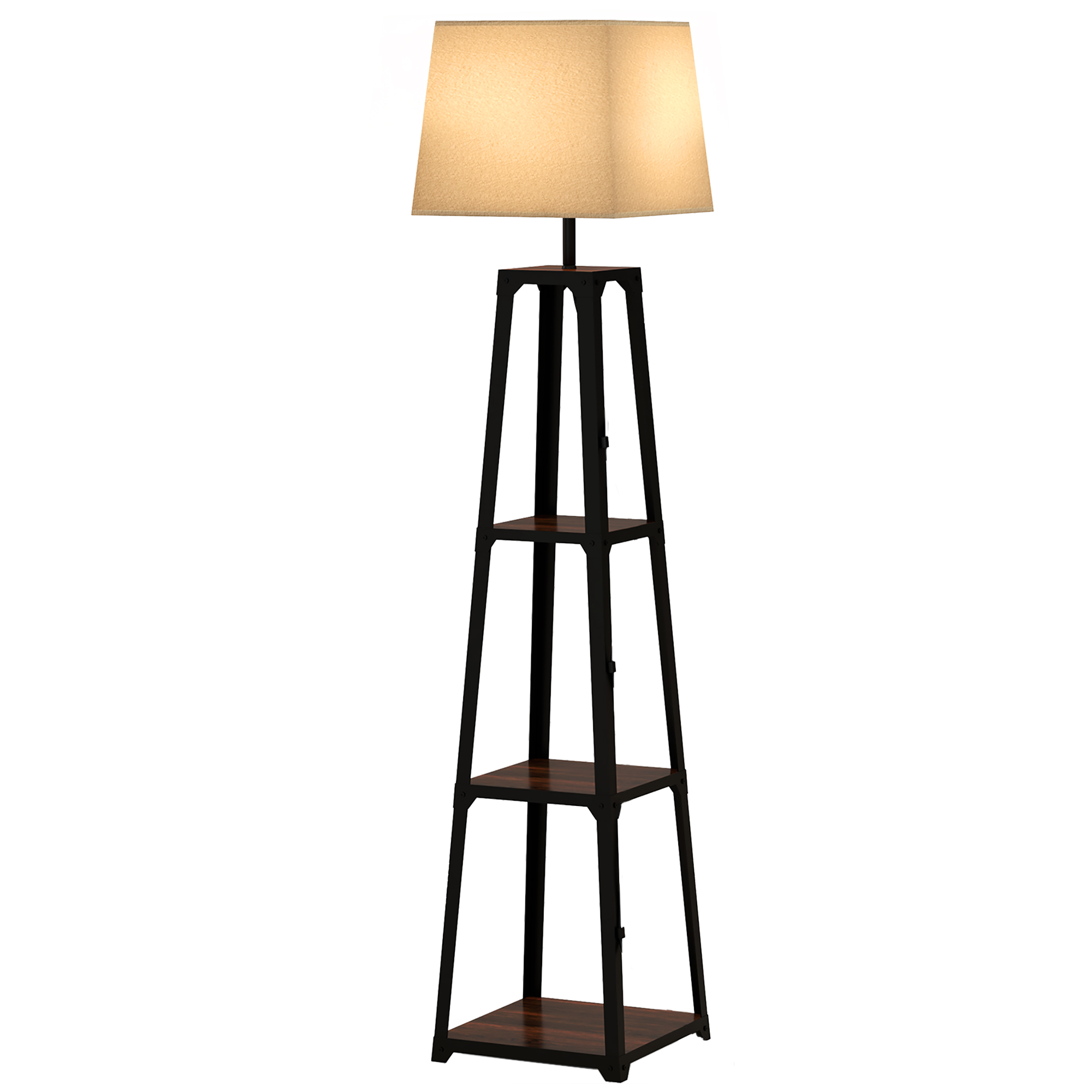 HOMCOM Stehlampe aus Metall und MDF mit 3 Regalen und Stofflampenschirm, Ø42x166 cm, Schwarz und Beige