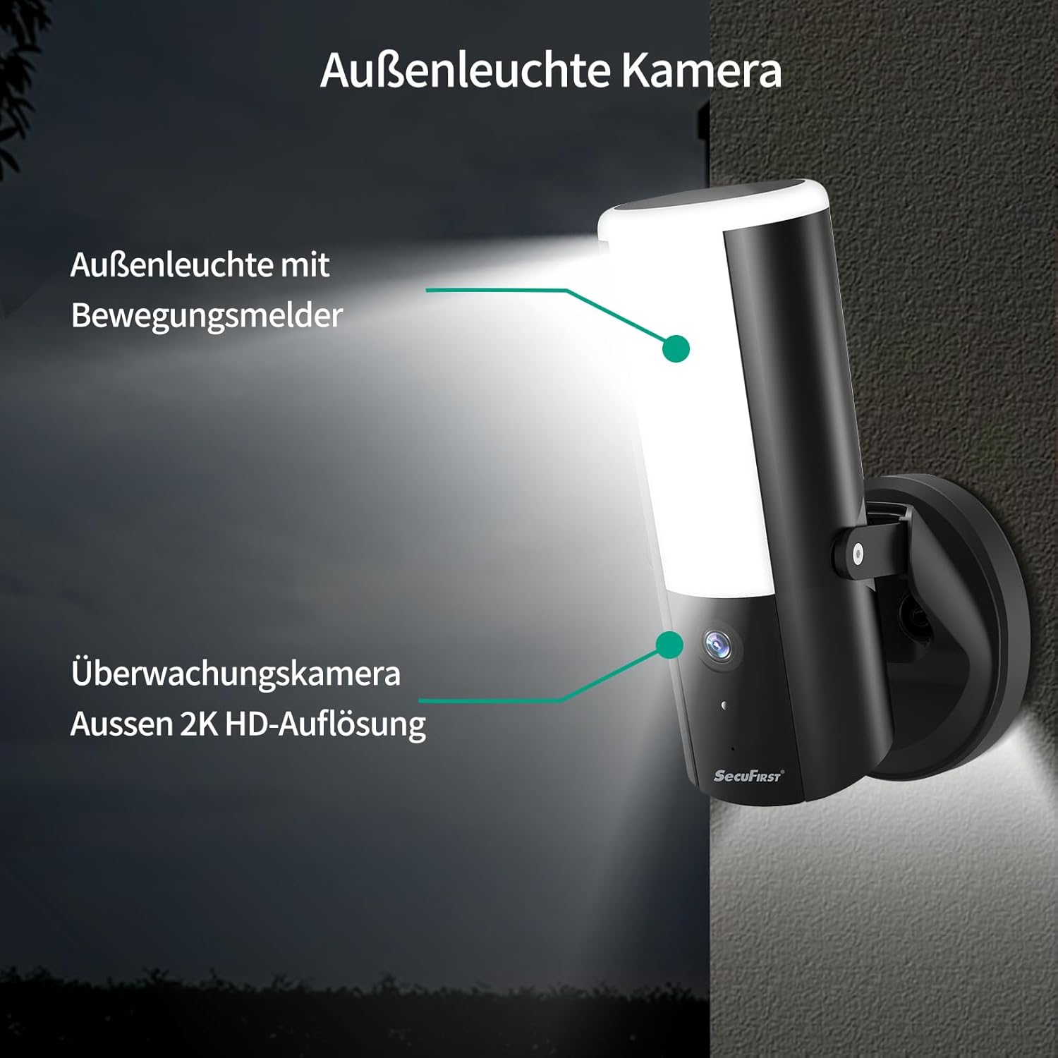 SecuFirst Wandleuchte Kamera, Kabelgebundene Außenleuchte mit Kamera mit Bewegungsmelder, 900LM,10W,2K Outdoor Überwachung mit LED Strahler, 2 STK.