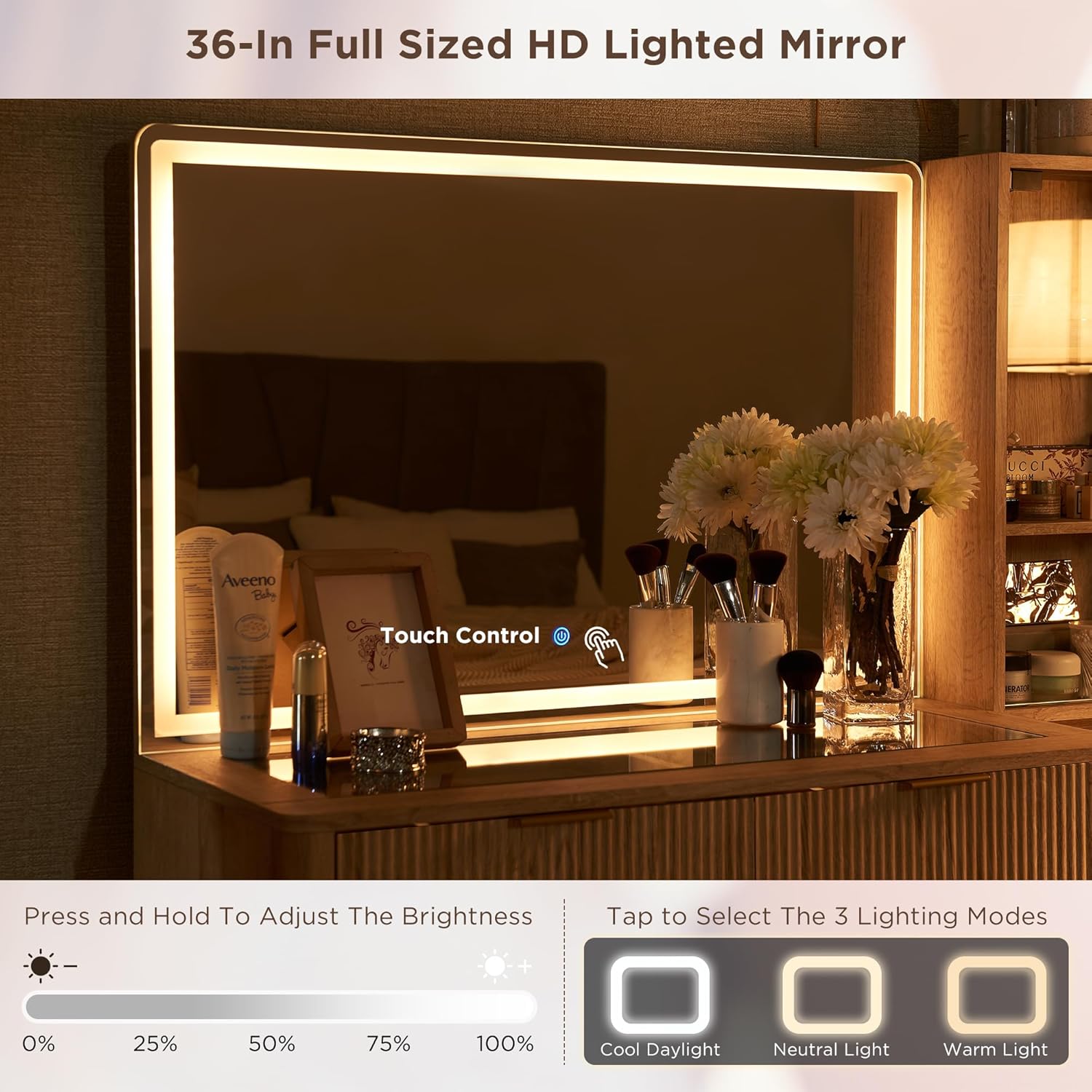 T4TREAM Fluted Vanity Desk with Lighted Mirror, 48