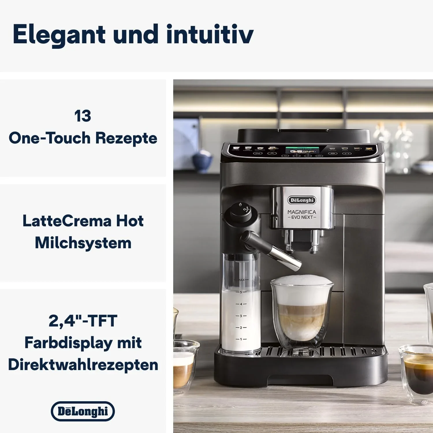 De'Longhi Magnifica Evo Next ECAM312.80.TB, Kaffeevollautomat mit 13 Getr?nken (Cappuccino, Espresso, Latte Macchiato), 2,4'' TFT Farbdisplay, LatteCrema Milchsystem, 2-Tassen-Funktion, Titan