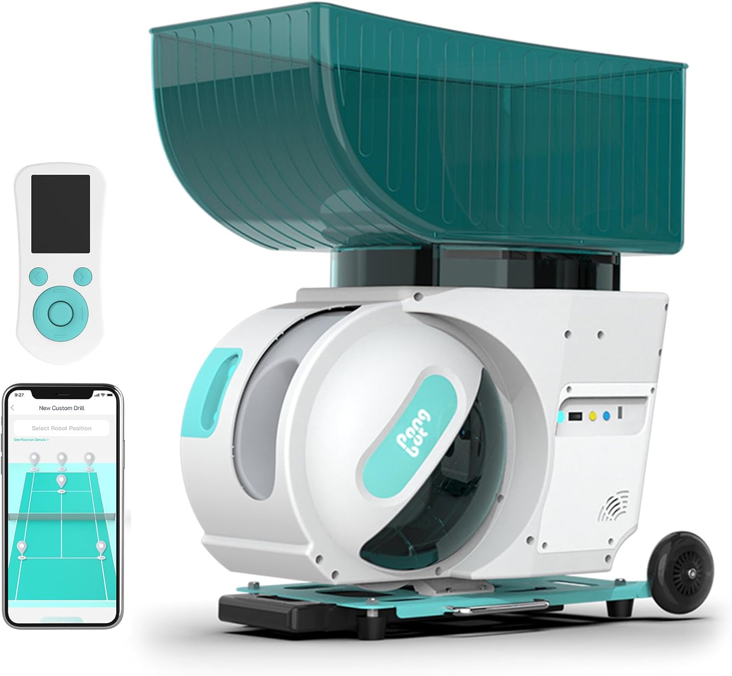 PONGBOT Tennisball-Maschine, App und Fernbedienung, benutzerdefinierte Bohrer, 150 Bälle, max. 80 km/h, 8+ Stunden Ausdauer, Dual-Motor für Topspin und Backspin