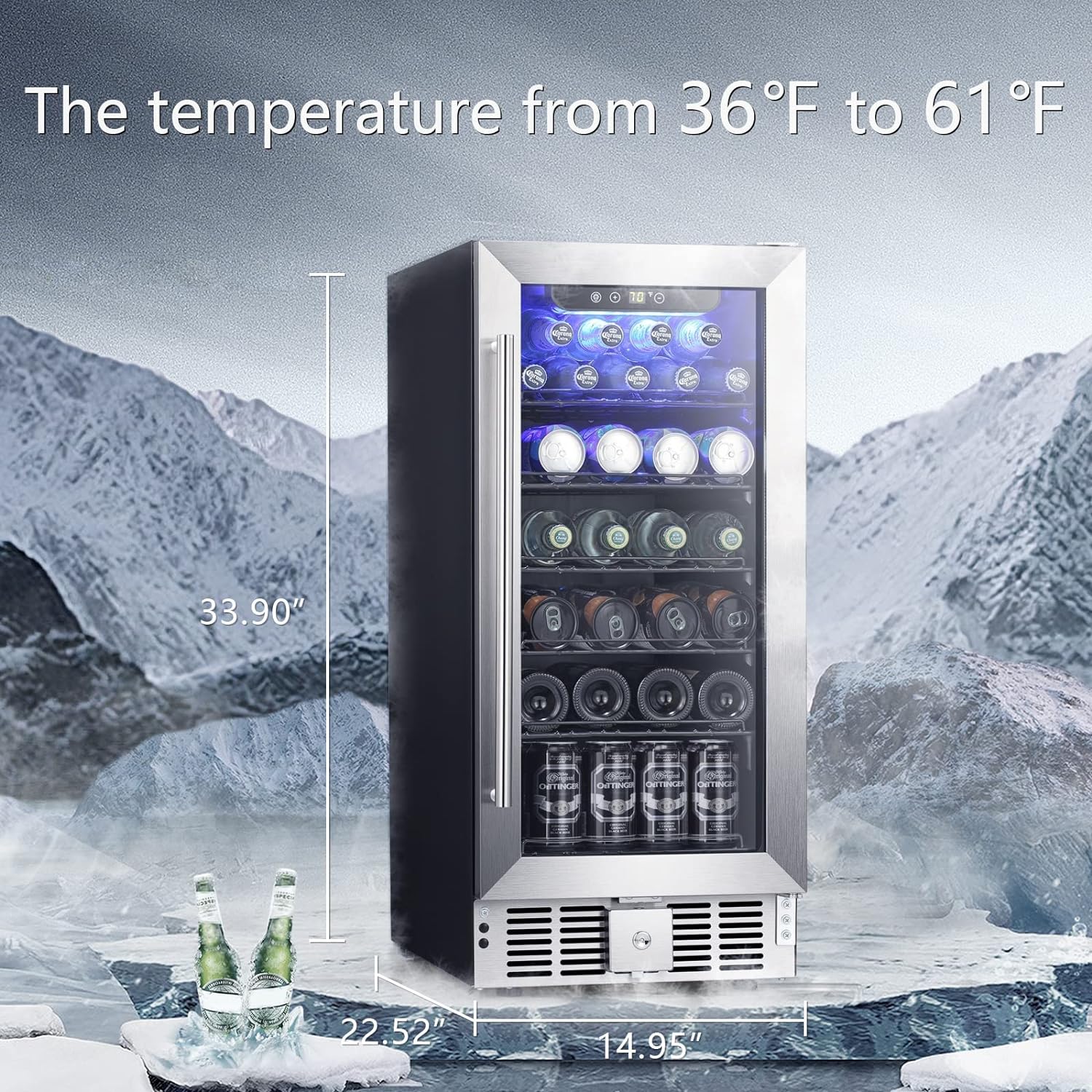 Antarctic Star 2.9 Cu.Ft Beverage Refrigerator, 115-Can Capacity, Low Noise, Glass Door, Stainless Steel, LED Light, Safety Lock, 15-Inch Width