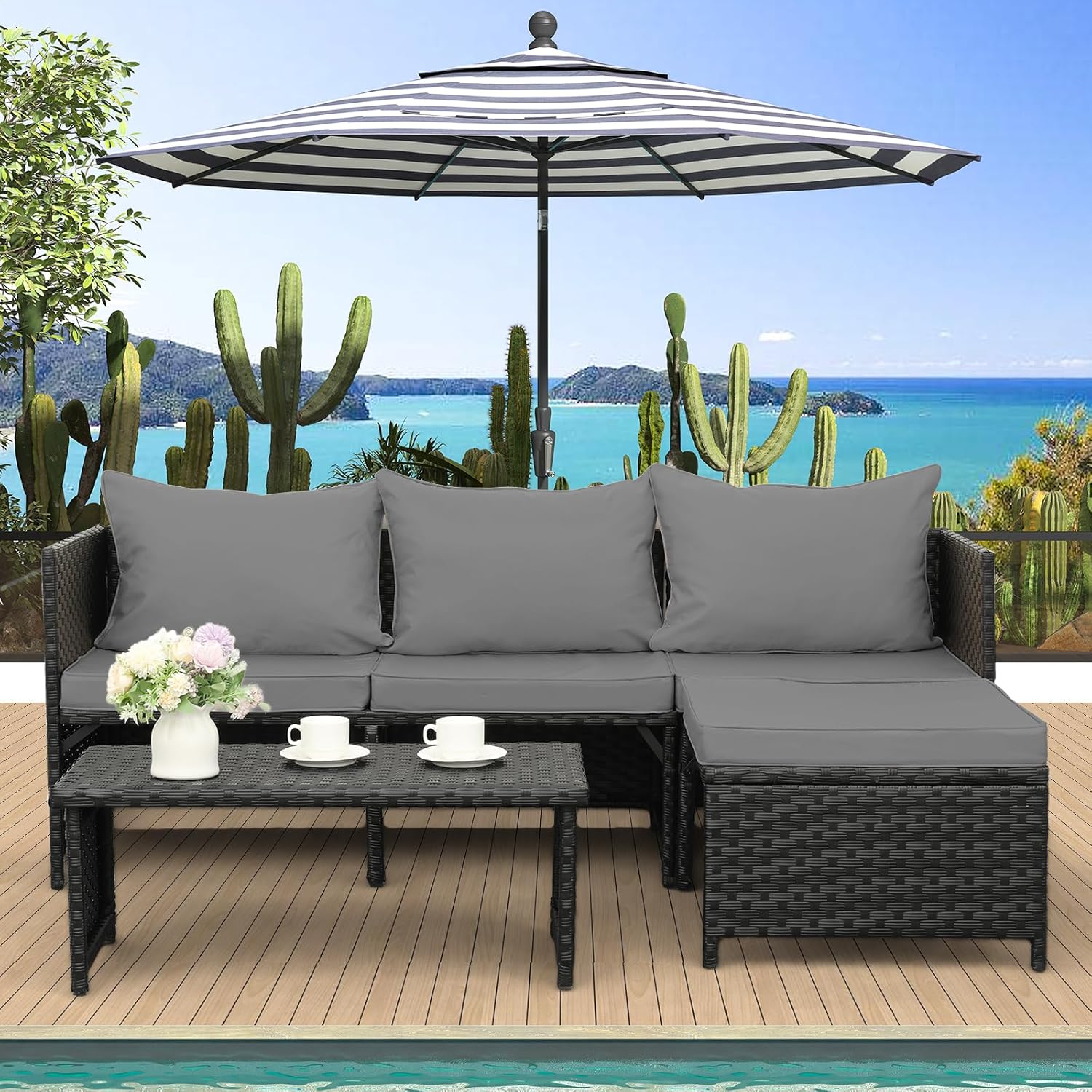 Valita 3-Piece Outdoor PE Rattan Furniture Set Patio Black Wicker Conversation Loveseat Sofa Sectional Couch Gray Cushion