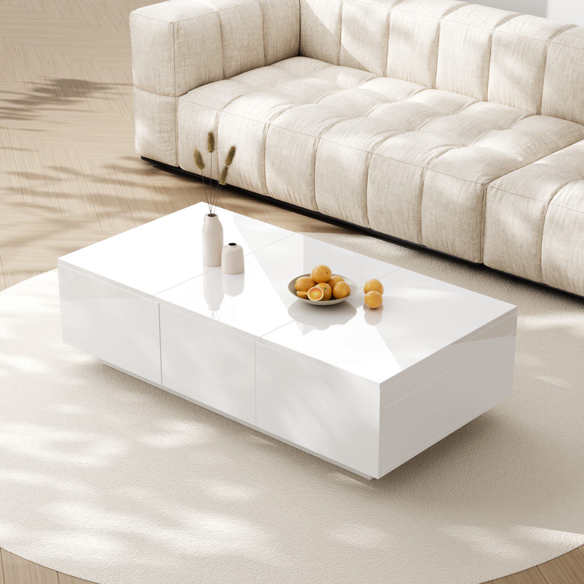 Hochglanz Couchtisch 100x50x31 cm mit Push-Pull-Aufbewahrung und doppelseitigen Schubladen weiß