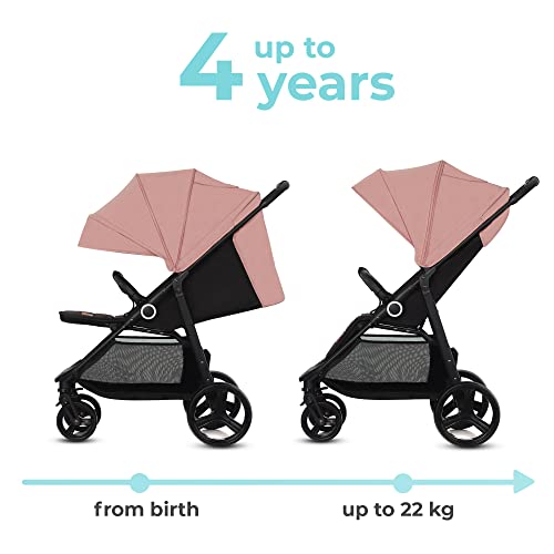 Kinderkraft GRANDE PLUS Passeggino Leggero dalla nascita fino 22 kg, Pieghevole con una mano, Posizione sdraiata, L'ammortizzazione su tutte le ruote, Cappottina XL, Rosa : Prima infanzia