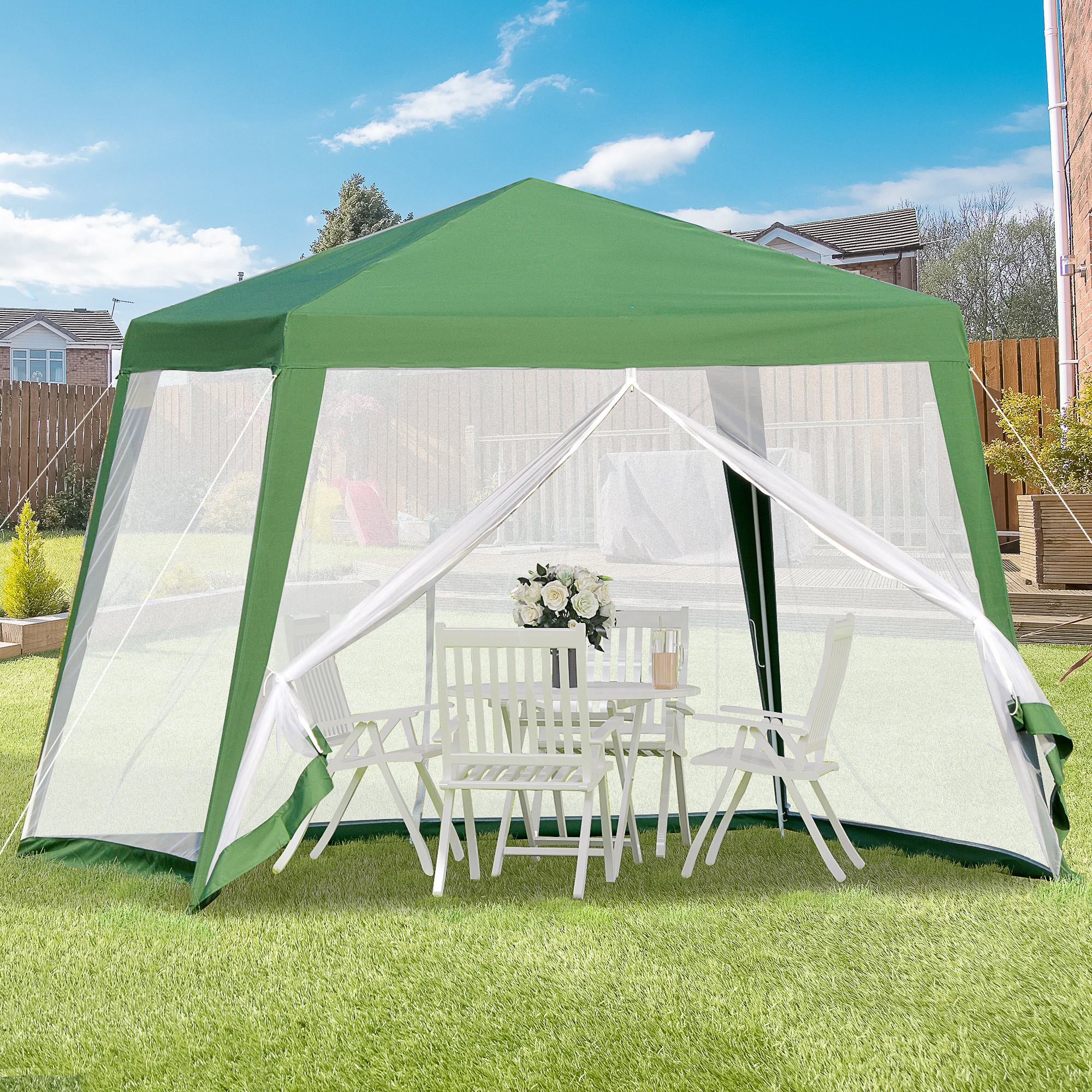 Outsunny Gartenpavillon Pavillon Festzelt Partyzelt wetterfest Zelt mit Moskitonetz Metall + Polyester Grün 3 x 3 m