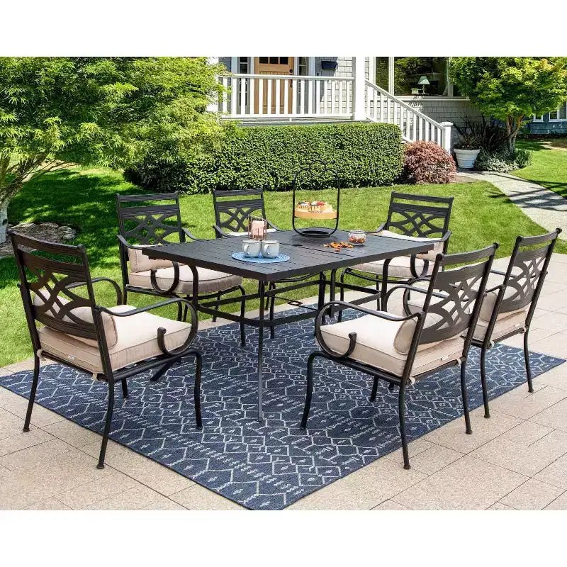 7pc Outdoor Dining Set with Chairs with Cushions & Large Metal Table with Umbrella Hole - Captiva Designs