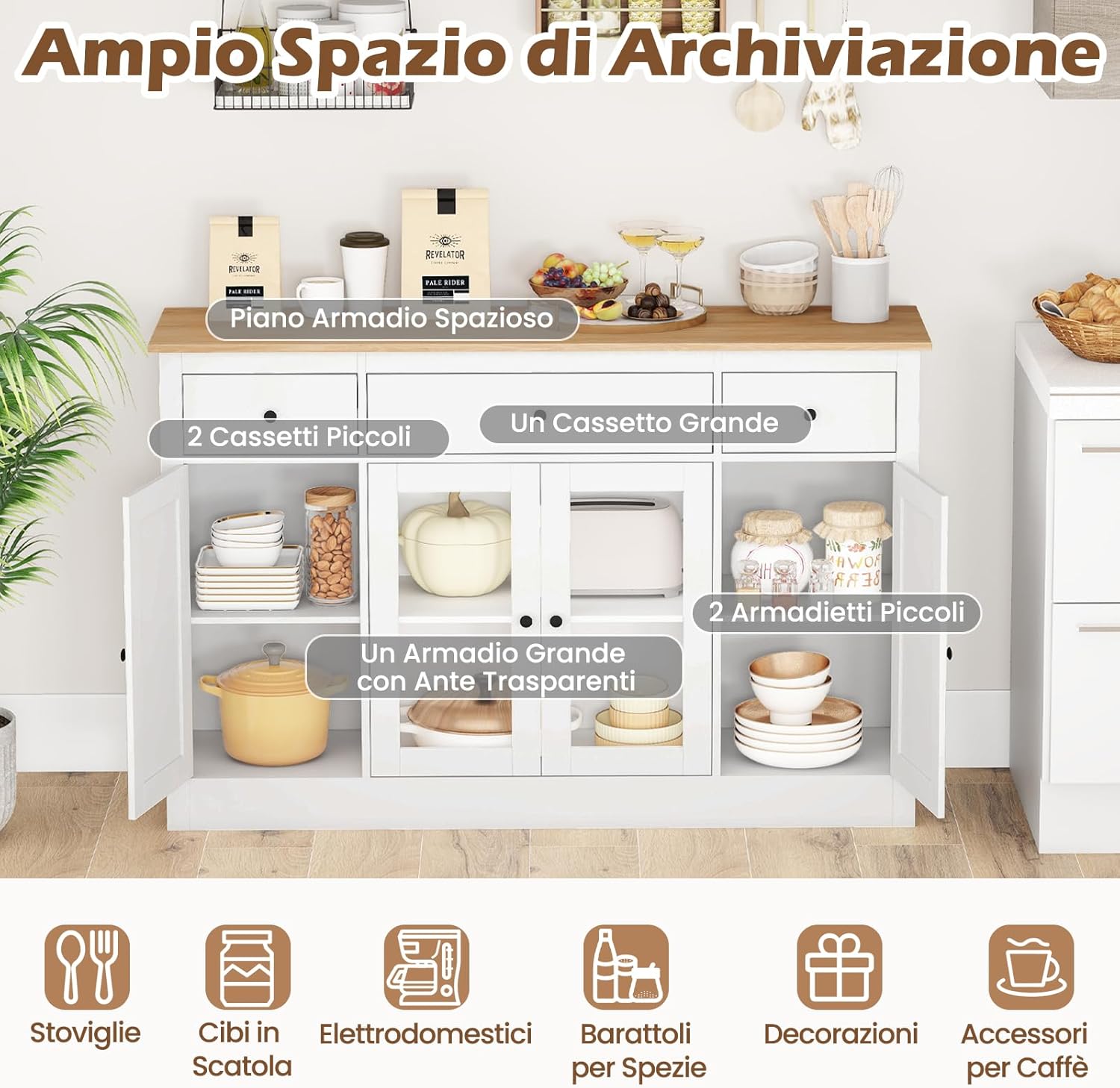 COSTWAY Credenza Cucina, Mobiletto da Cucina con 3 Cassetti, 3 Armadietti, 2 Ante Trasparenti e Ripiani Regolabili, Mobile Buffet Dispensa per Sala da Pranzo e Soggiorno, 140 x 40 x 90 cm (Bianco)