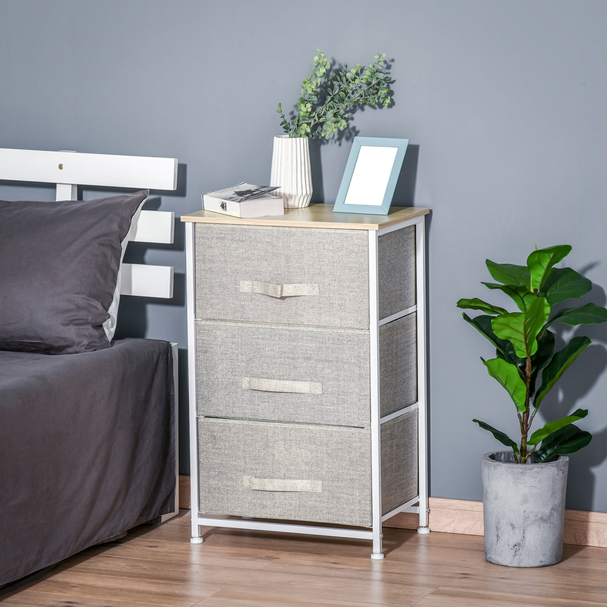 HOMCOM Moderne Schubladenkommode mit 3 Schubladen aus Stoff, Stahlrahmen und Spanplatte, 45 x 30 x 71 cm, Grau
