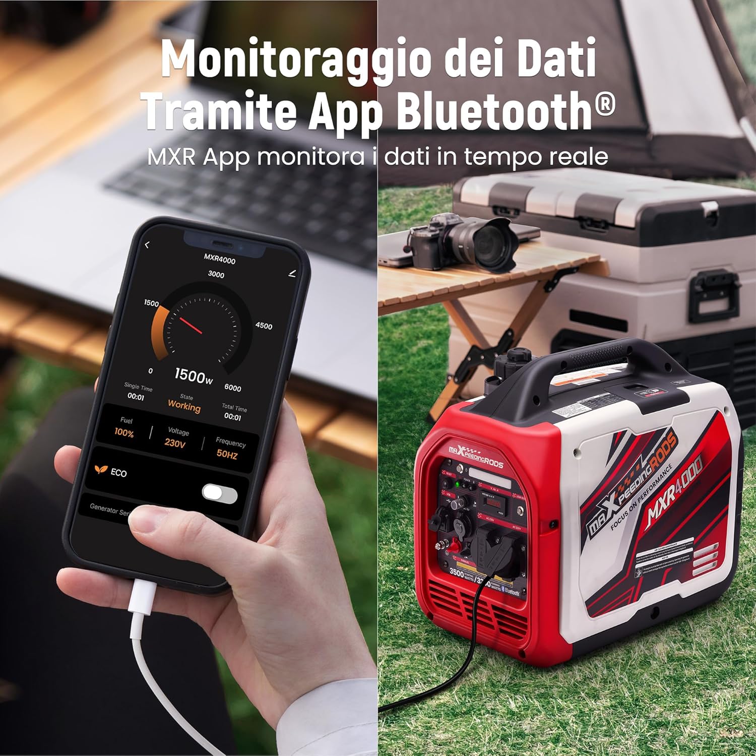 maXpeedingrods Generatore di corrente Inverter 3500 W, generatore a benzina con monitoraggio remoto dati tramite app Bluetooth®, adatto per camper per campeggio all'aperto, backup per casa