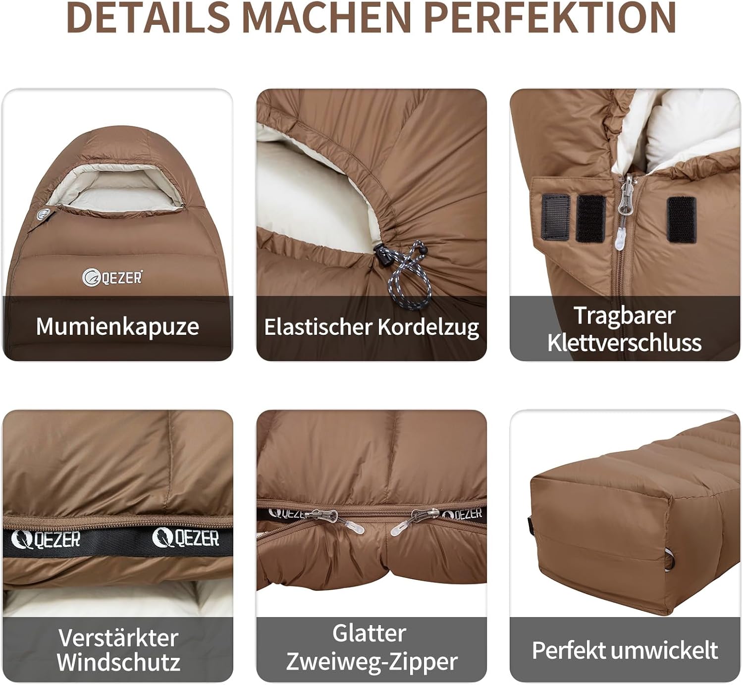 Daunenschlafsack, Winterschlafsack, gefüllt mit 650er Entendaunen. RDS-Zertifiziert. Geeignet für Temperaturen von 8 °C bis -30 °C, ideal zum Campen und Bergsteigen.