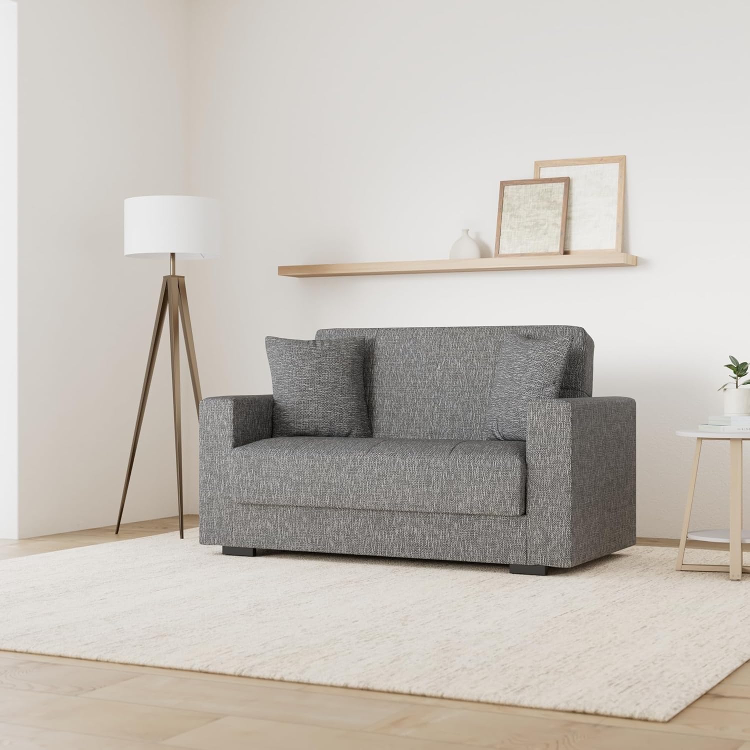 Divano letto in tessuto grigio con cassettone contenitore e cuscini (2 posti)