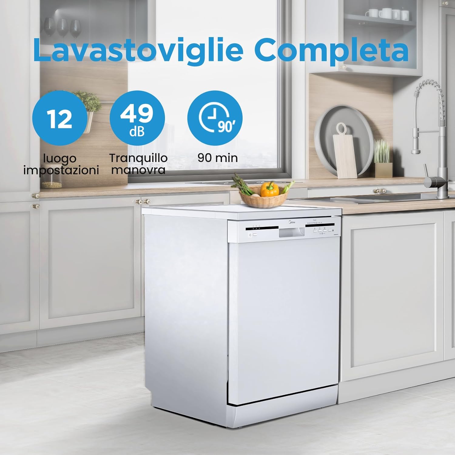 Midea MFD60S200X.1-IT Dishwasher Freestanding with 14 Places, 8 Programs, LED Display, Delay Start, Half Load Function, Extra Drying - Stainless Steel