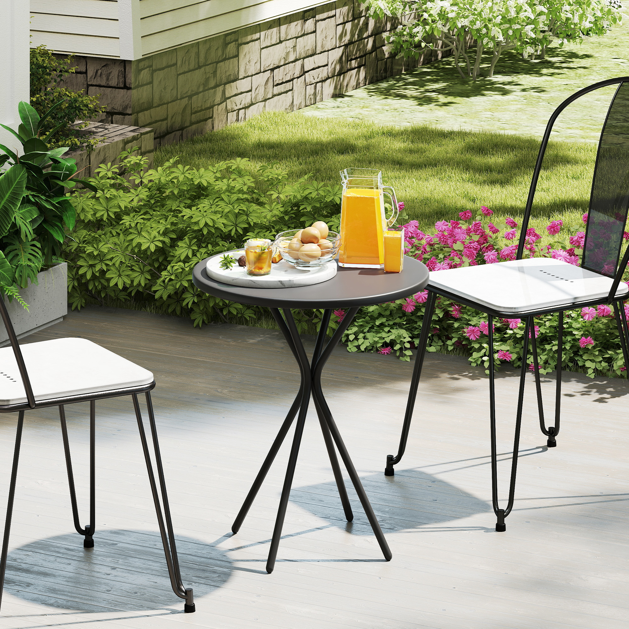 Outsunny Gartentisch Ø60 x 70 cm, Wetterfest Balkontisch aus Stahl, Runder Esstisch mit Fußpolster Schwarz