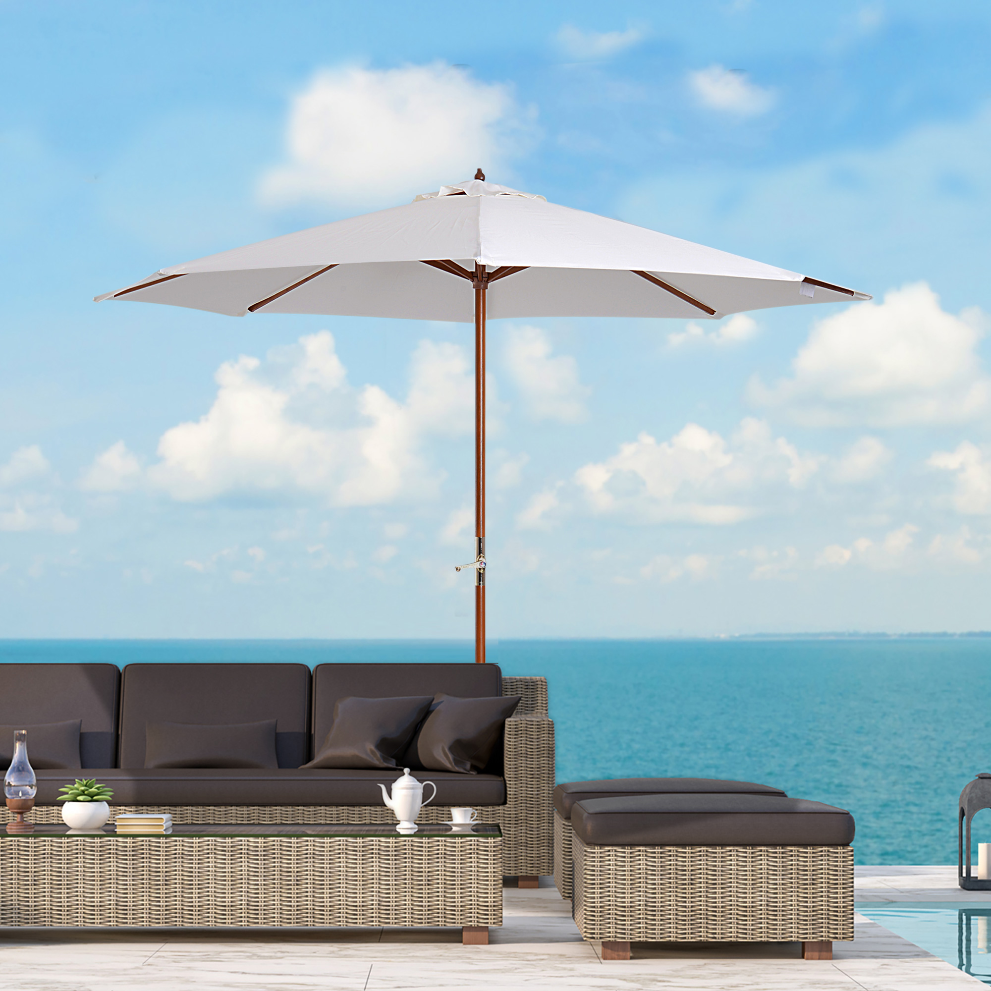 Zonnescherm tuinscherm houten parasol parasol met zwengel balkonparasol populierenhout �� 2,7 m