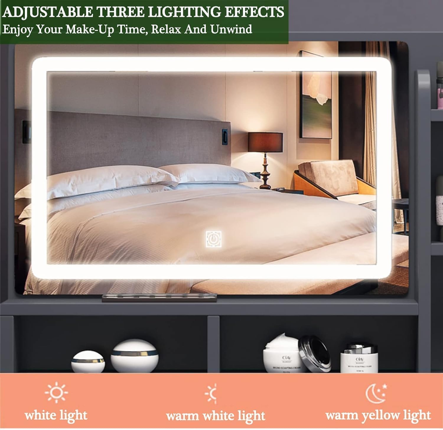 Moderno set da toeletta con luci LED, tavolo da toeletta da 101,3 cm, 6 cassetti e 5 ripiani, sgabello e sedia elegante finitura grigia per camera da letto nization