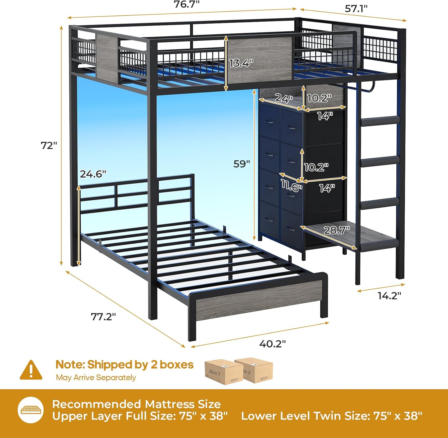 ADORNEVE Bunk Bed Twin Over Twin Size with 8 Storage Drawers, Twin Bunk Beds with Led Lights & Storage Shelves, Metal Loft Bed with 13.4
