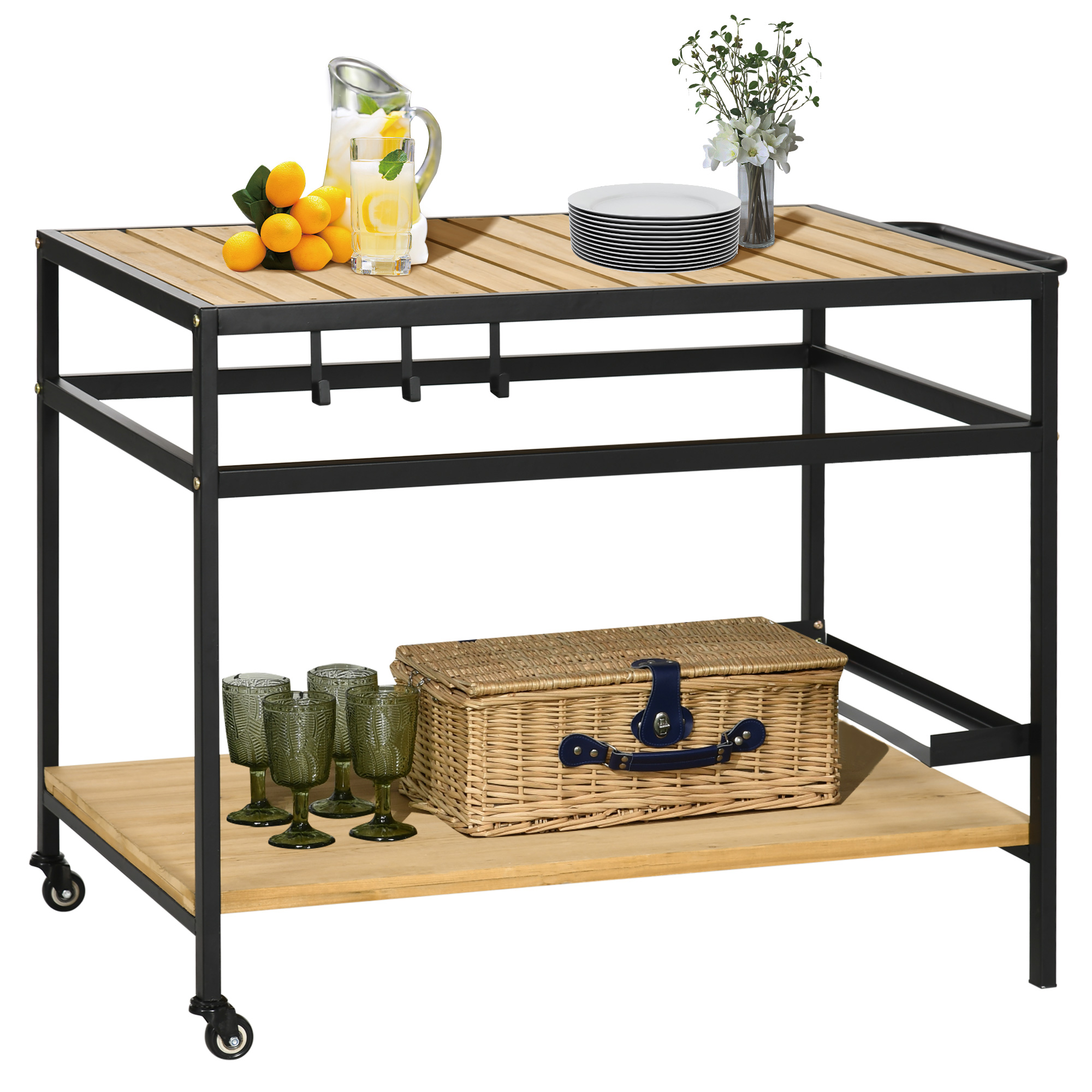 Outsunny Servierwagen im Industrie-Design, wetterbeständig, 3 Haken, 1 Regal,107 cm x 65 cm x 80 cm, Schwarz +Natur