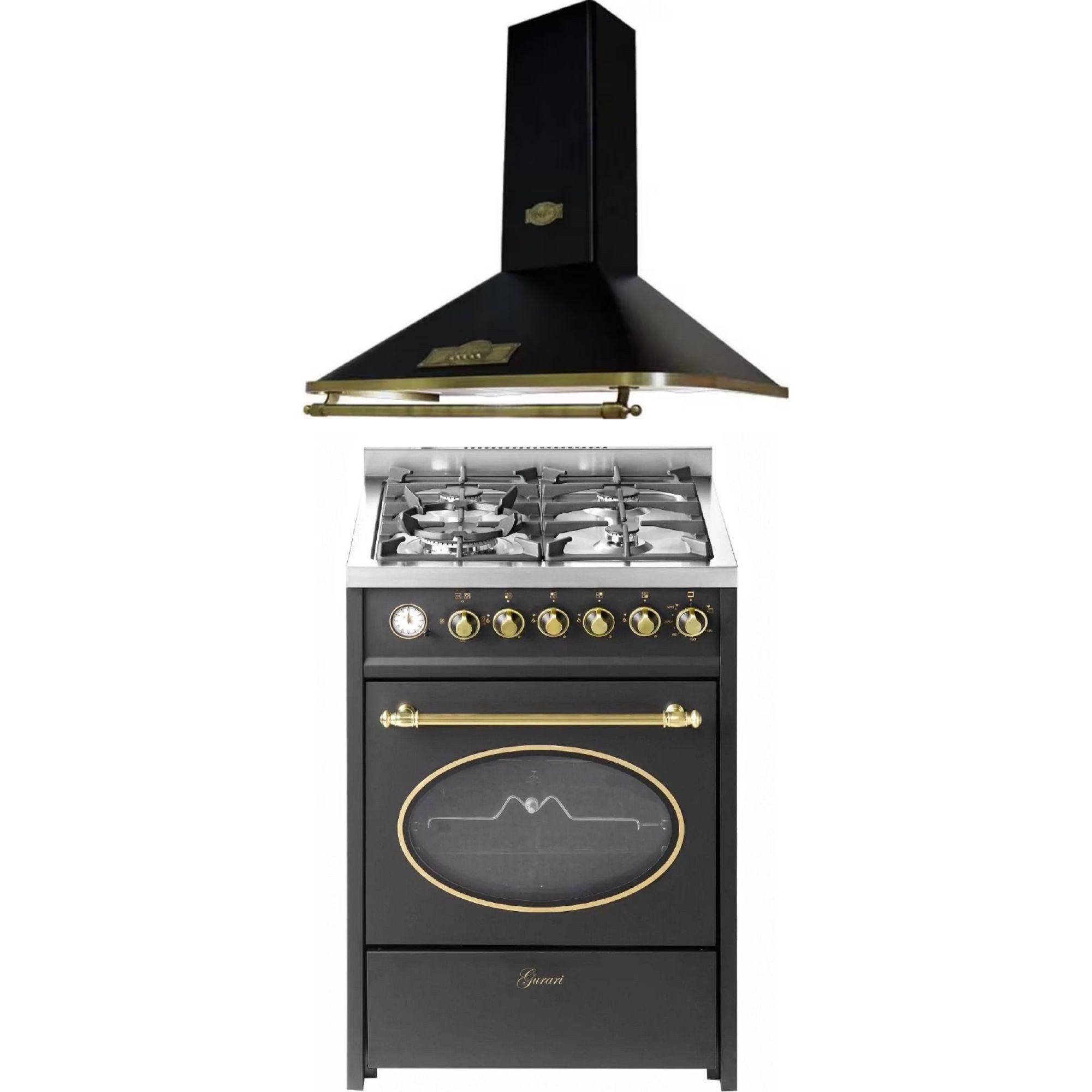 Gas-Standherd 60 cm Erdgas Fl.Gas 4 Kw WOK Gasgrill/55 L+Dunstabzugshaube 60 cm 910 m³/h 3 Stufen Abluft Umluft GCH G 614 BR+A 6315 Em ECO.