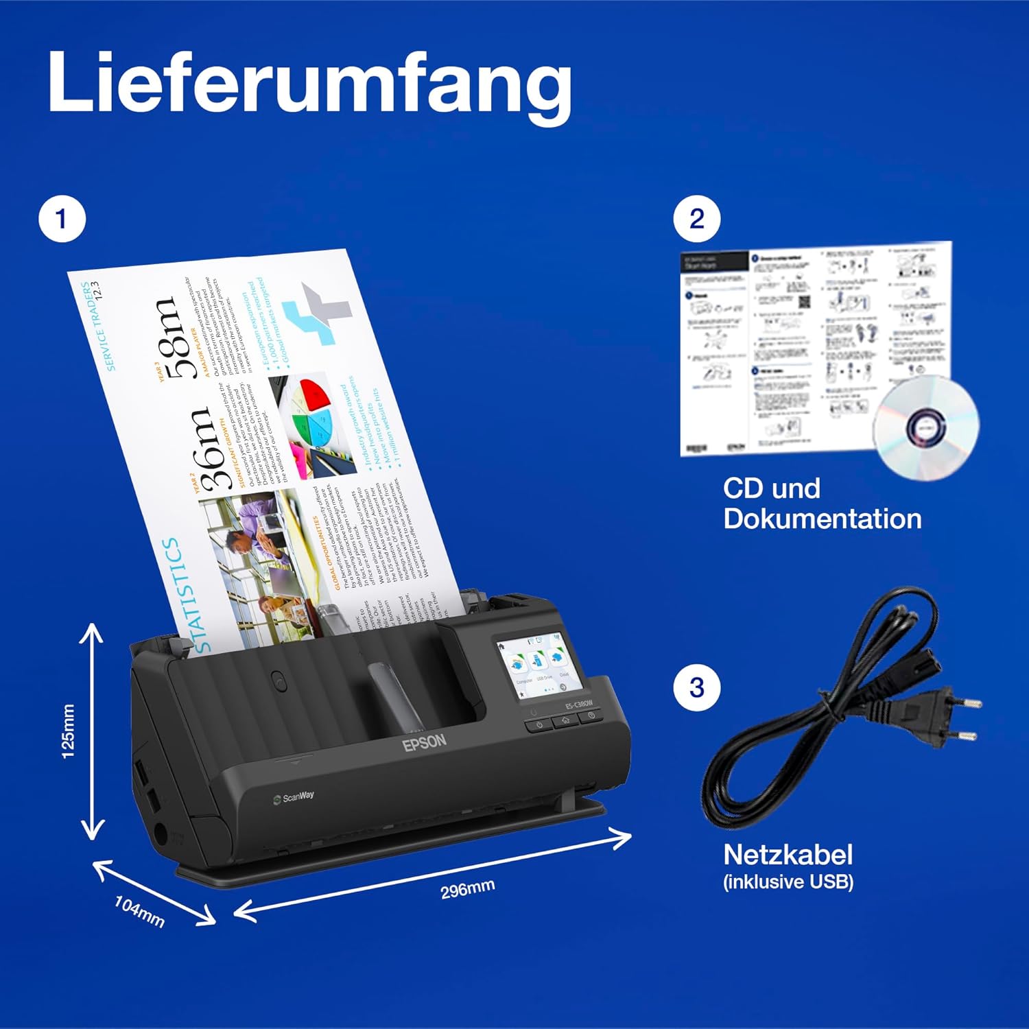 Epson WorkForce ES-580W Scanner, Dokumentenscanner (scannt ohne PC, 35 Seiten bzw. 70 Bildern pro Minute, bis DIN A4, beidseitiger Scan in einem Durchgang, automatische Ausrichtung) One size