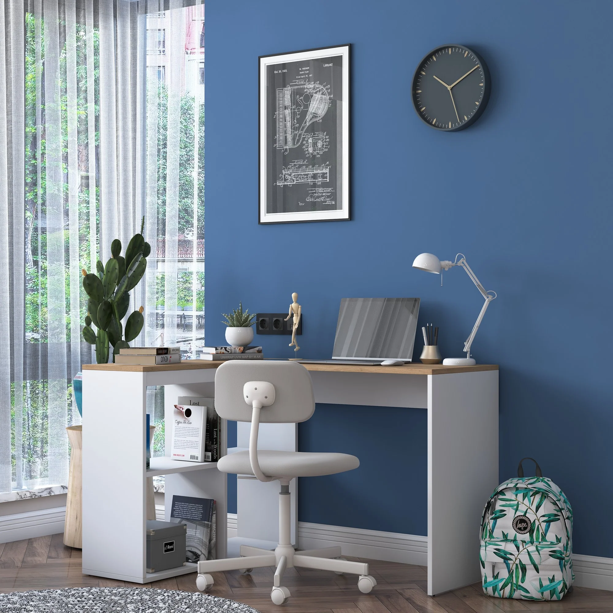 Scrivania angolare moderna con libreria bianco e rovere cm 120x96x74h