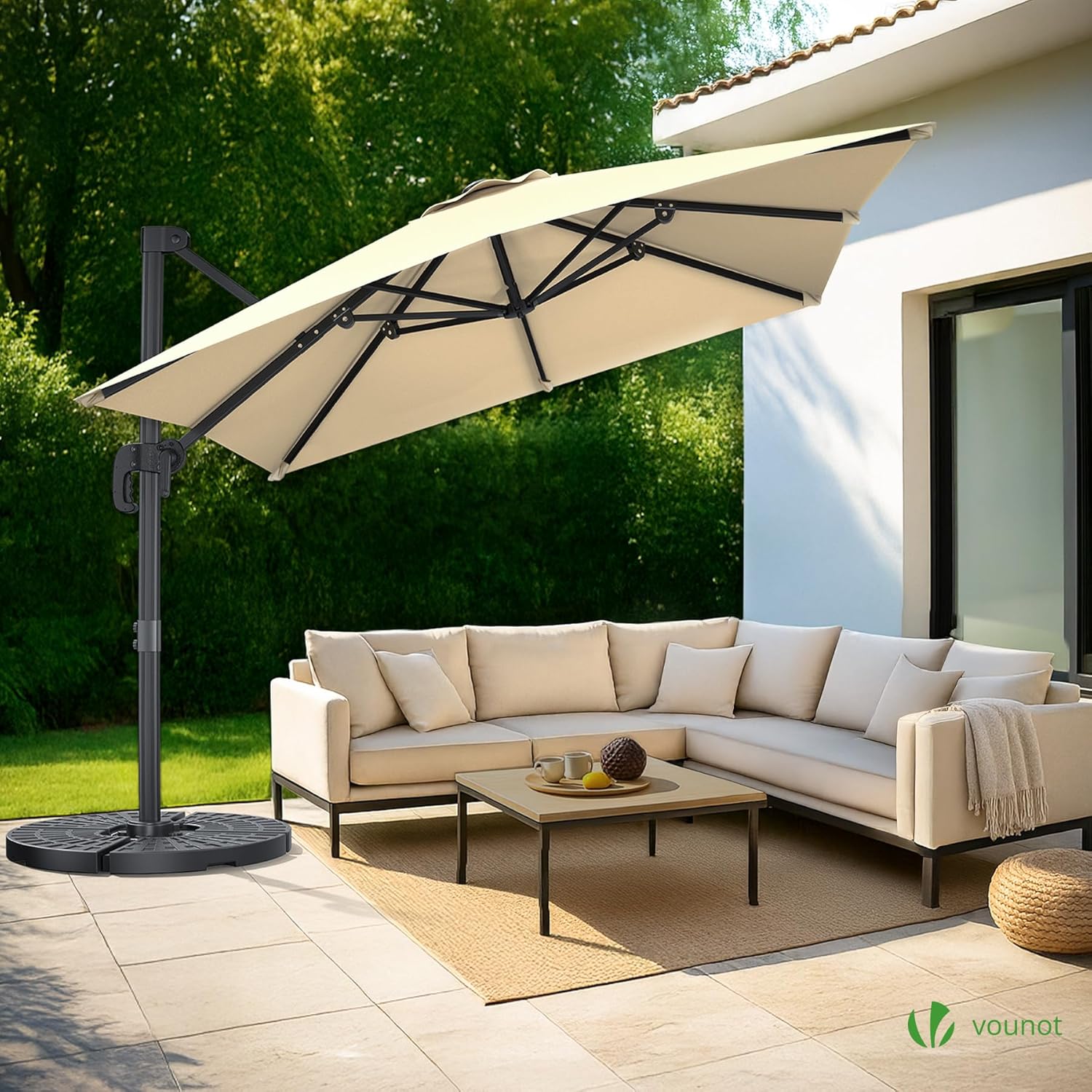 VOUNOT® Ombrellone Decentrato da Giardino 3x3M, Inclinabile a 6 Posizioni, Rotazione a 360°, Telo Impermeabile Anti-UV in Poliestere con 8 Stecche, per Esterno, Terrazzo e Piscina, Beige Scuro