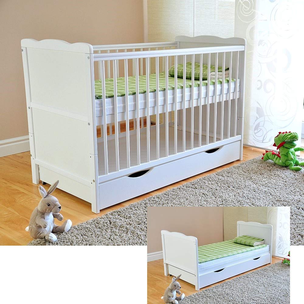 Marsell Baby Gitterbett mit Schublade Deckel Aloe Vera Matratze höhenverstellbar weiß umbaubar zum Juniorbett