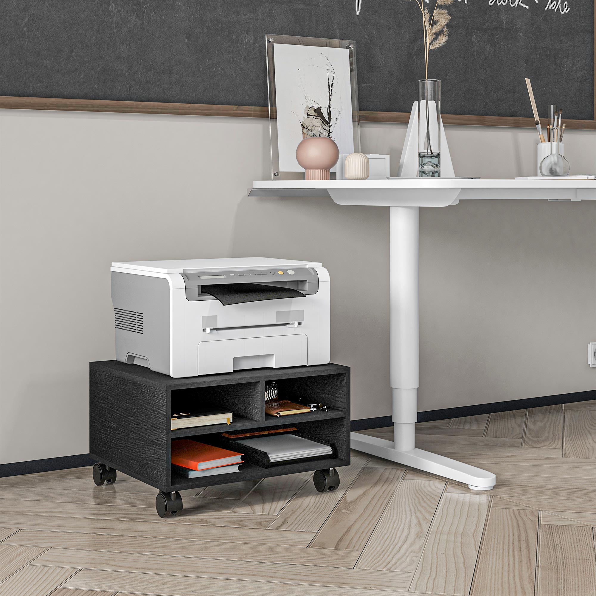 HOMCOM Druckerwagen mit 2 Regalen aus Holz mit Rollen für Büro und Studio, 47x40x22,5cm, Schwarz