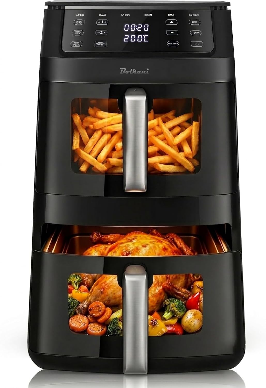 Friggitrice ad Aria Doppia XXL 11L con 2 Camere Verticali, Smart Finish & Sync, Luce Interna, Oblò in Vetro, 6 Programmi Automatici, Funzione Grill, Touchscreen.