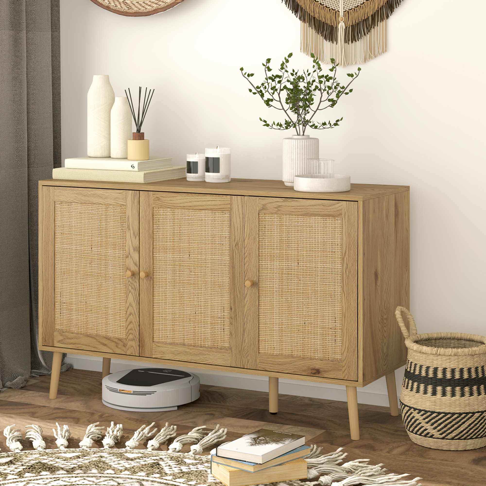 HOMCOM Buffet Wohnzimmerschrank Stauraum mit Rattantüren und verstellbarem Regal, Naturholzoptik