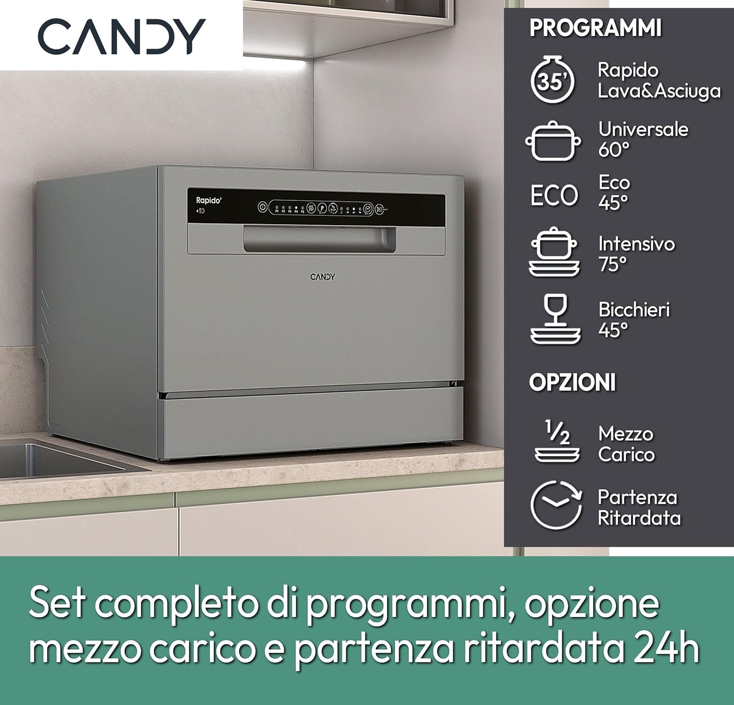 Candy Rapido' CP 6E51LS Lavastoviglie Compatta da tavolo, Libera Installazione, 6 Coperti, 8 Programmi, Ciclo Rapido 35', Partenza ritardata, Classe E, AxLxP 44,3x55x50,1 cm, Silver, Classe E