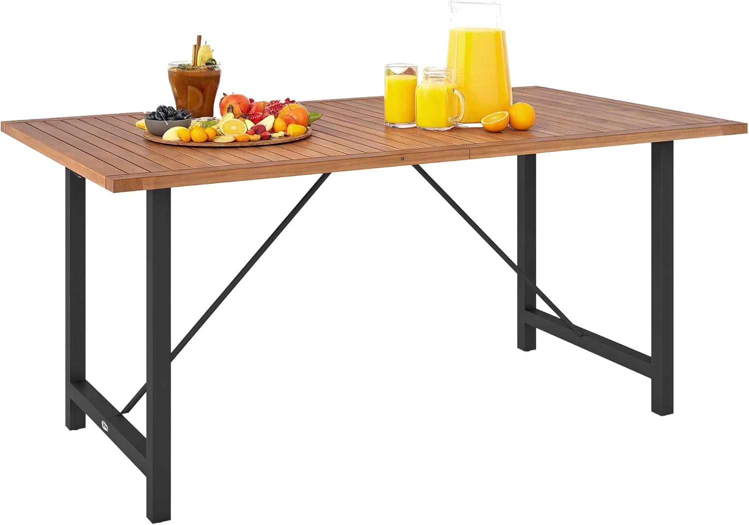 Outsunny Garden Table in Acacia Wood and Steel, Rectangular Outdoor Table with Slatted Top, Balcony Table for Patio, Terrace, Yard and Outdoor, 160 x 90 x 75 cm, Teak