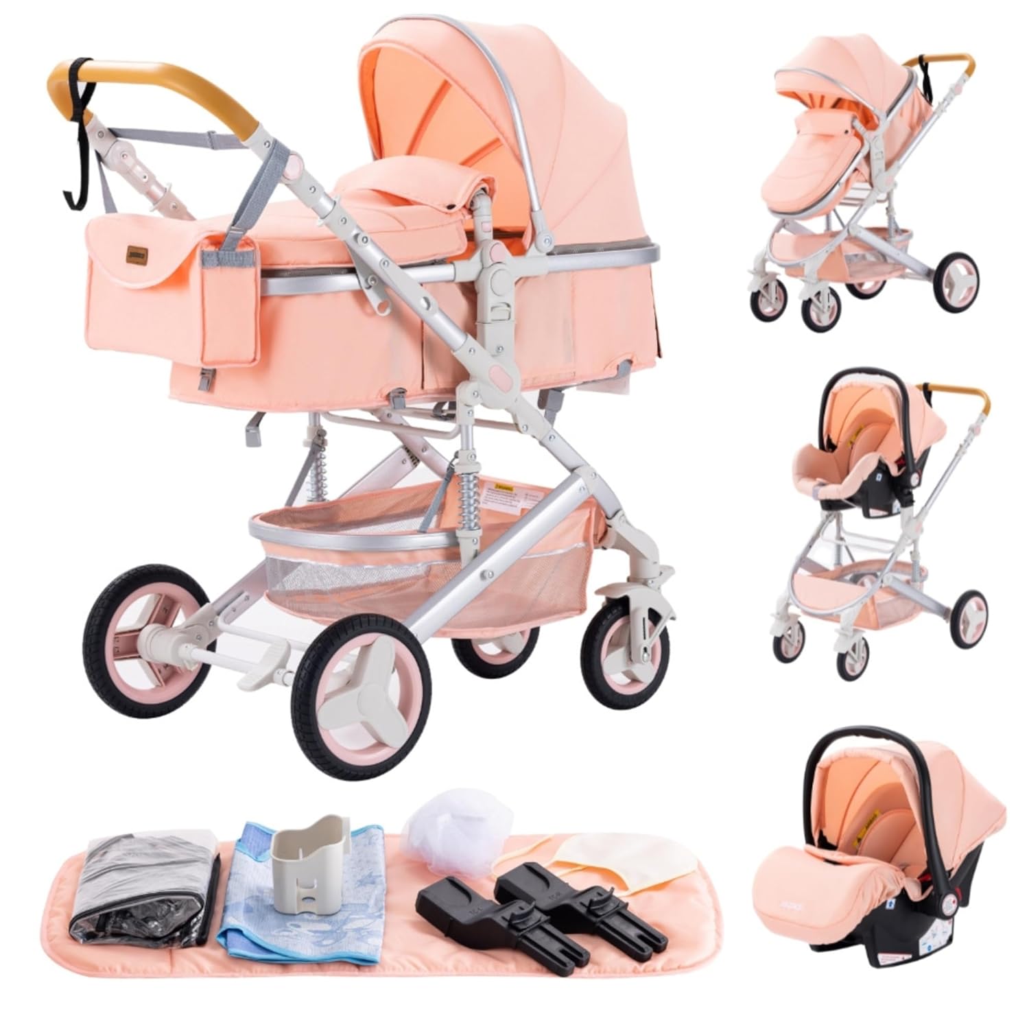YAZOCO kinderwagen 3 in 1 Buggy Babybett Komplett Set Einem Klick Zusammenklappbarer Kinderwagen, KombiKinderwagen Aluminiumrahmen für Neugeborene Sitzzubehör (1 schwarz)