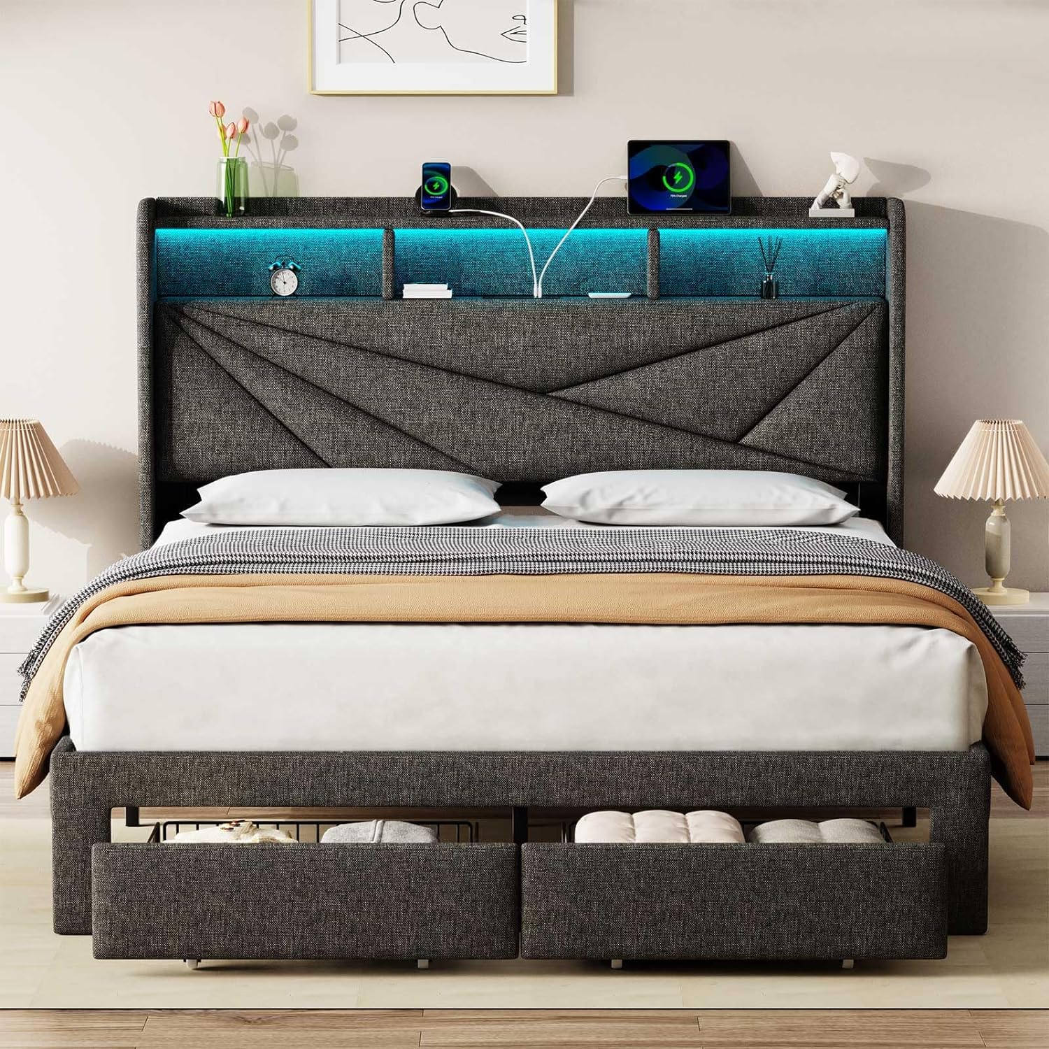 LED Full Size Bed Frame with 2 Storage Drawers, Upholstered Full Bed Frame with Headboard and Charging Station, No Box Spring Needed, Easy to Assembly-Dark Grey
