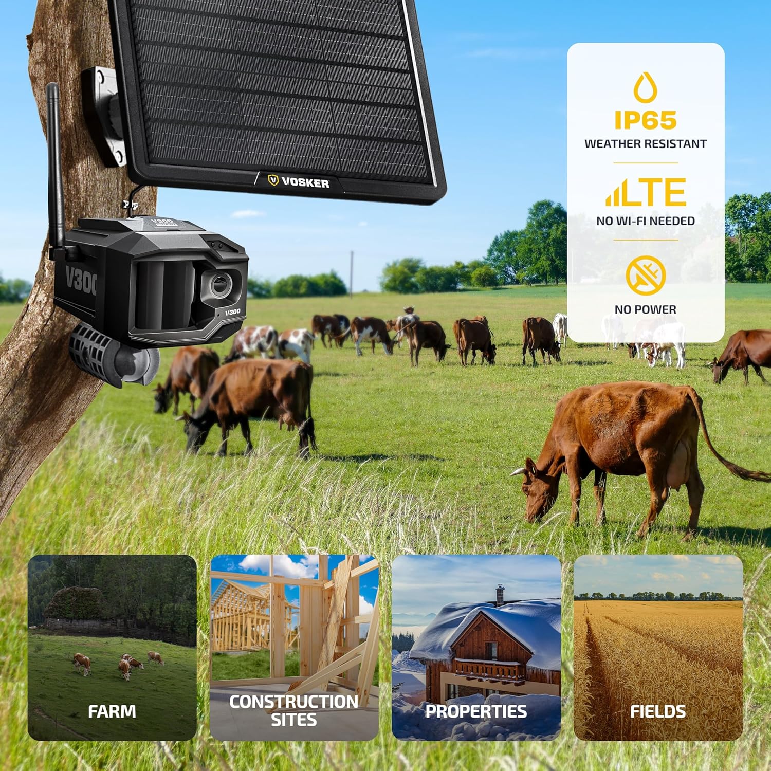 Vosker V300 Ultimate Farmers Pack Outdoor Security Camera with External Solar Panel for Farms Pastures and Greenhouses 4G LTE Black Single Unit with Battery