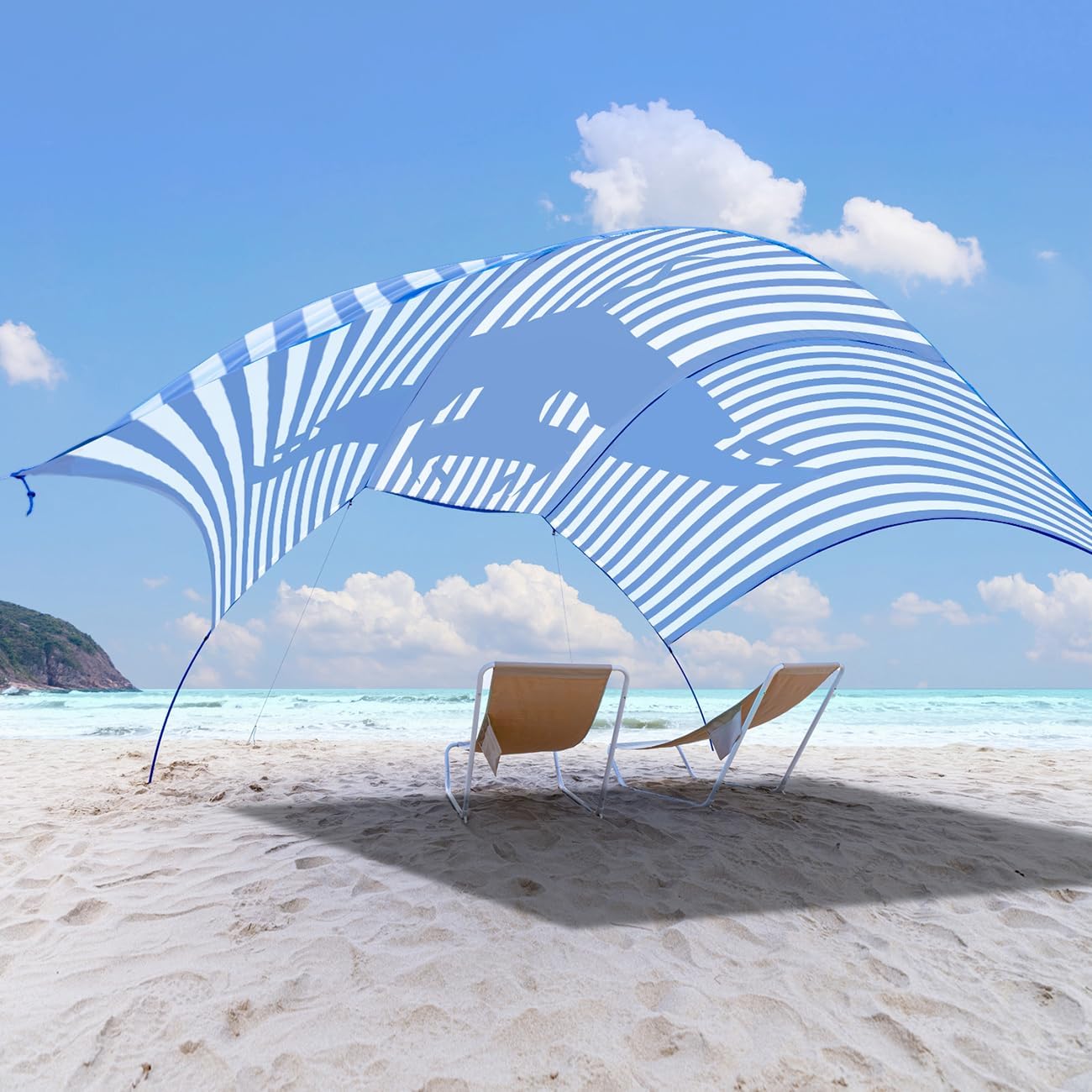 Strand-Sonnendach, Zelt, Unterschlupf, Winddach für Strand, Hinterhof, Park, Dessert, geringes Gewicht, einfacher Aufbau, 150 m², Schatten für 3-6 Personen, Regatta-Mantastrahlen-Streifen