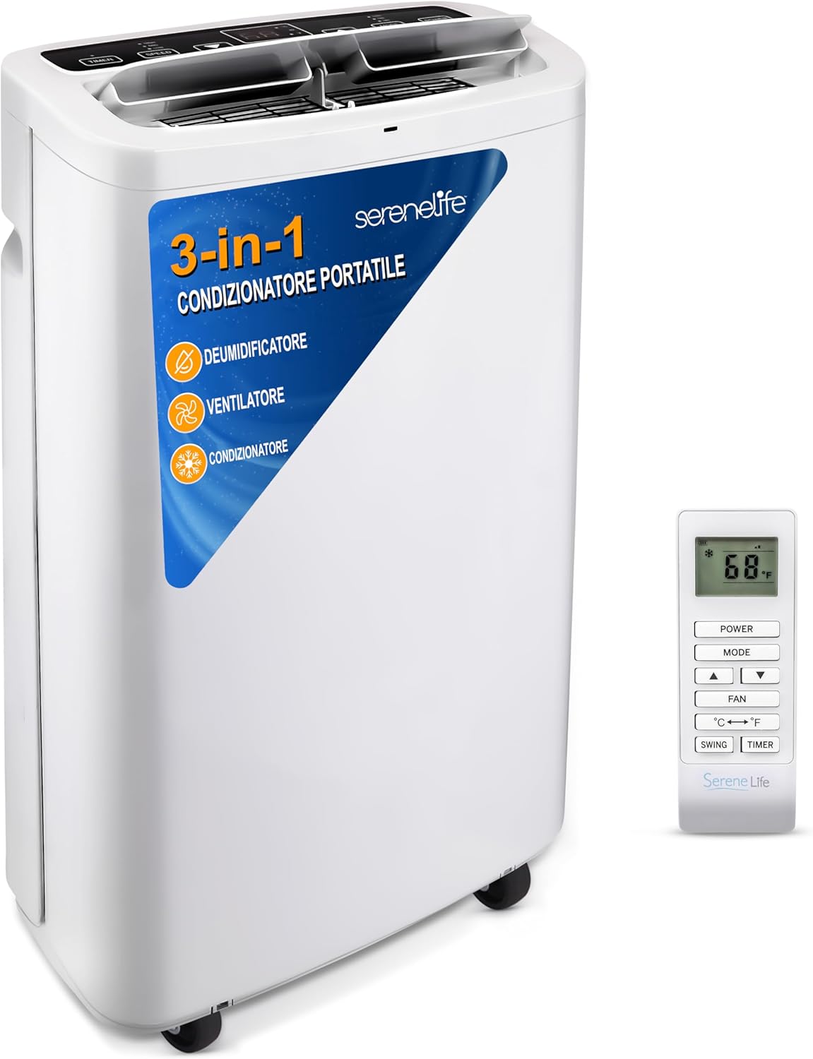 SereneLife SLPAC7EU Condizionatore Portatile 3-in-1, Deumidificatore Integrato, Ventilatore, Telecomando, Kit Scarico Finestra, 7,000 BTU, Classe A, 2.4 kg, 57 Decibel, Bianco, 900 W, Engineered ABS