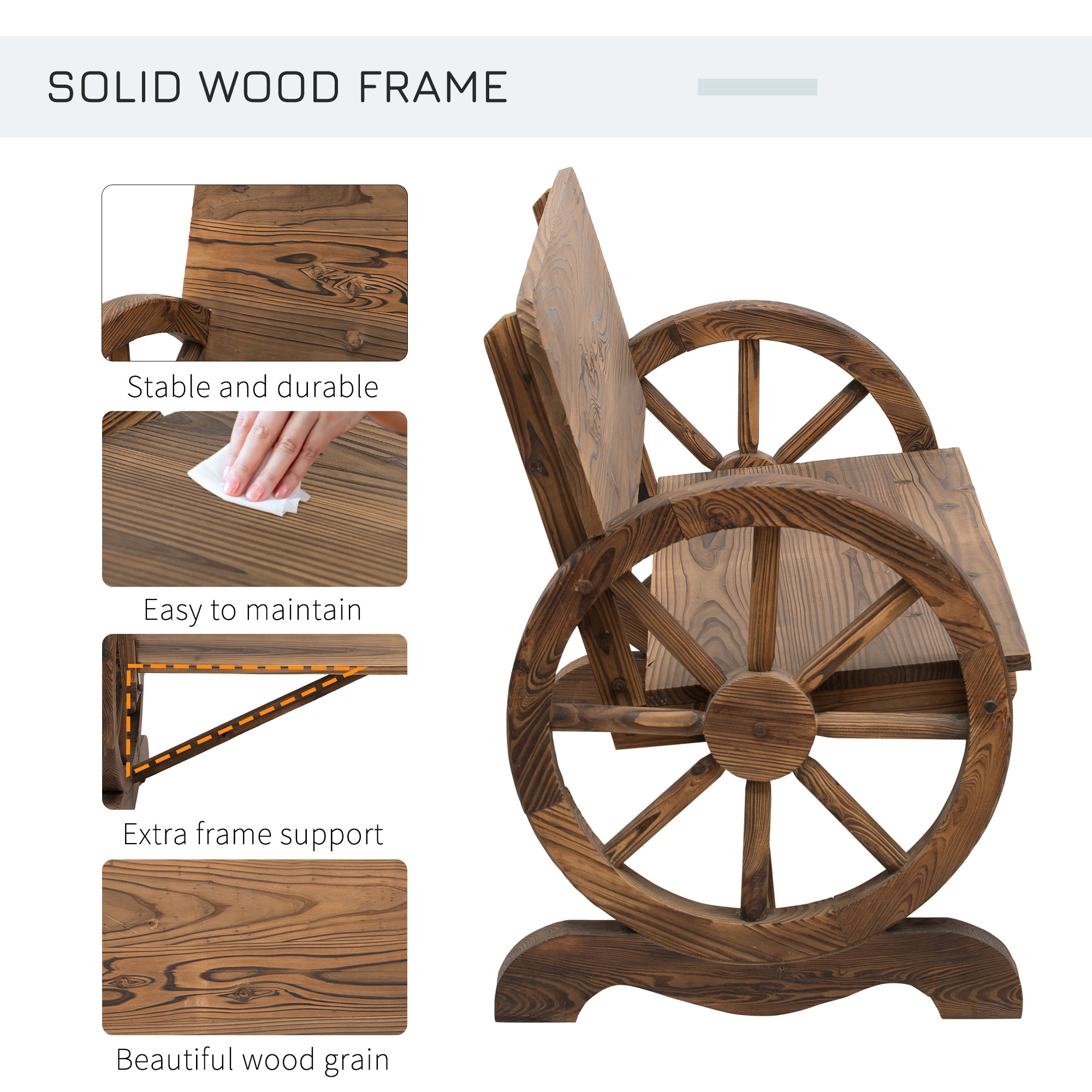 Outsunny Tuinbank bank tuinmeubelen armleuning wagen wielen design massief hout bruin