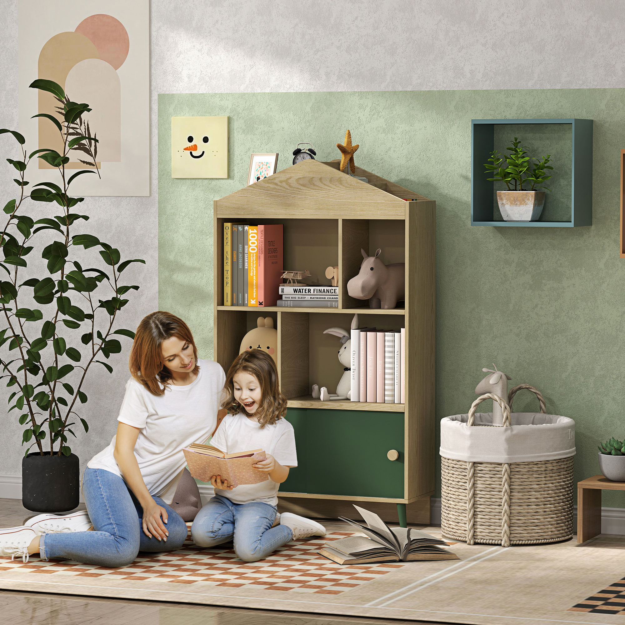 AIYAPLAY Kinderbibliothek und Aufbewahrungsmöbel für Spielzeug, 4 Regale und Schrank mit Schiebetür, Design, grün